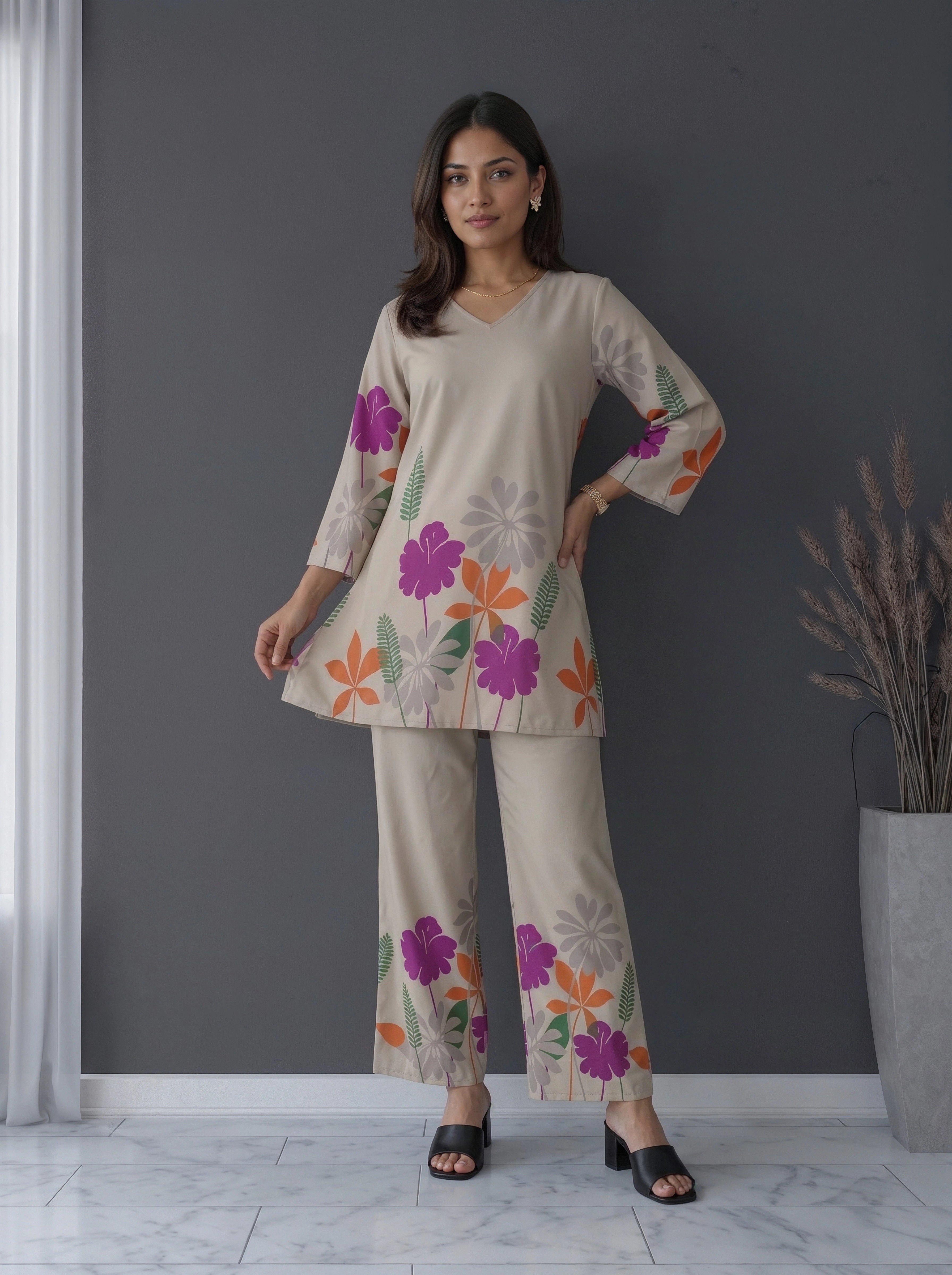 Beige Floral Printed Co-Ord Set