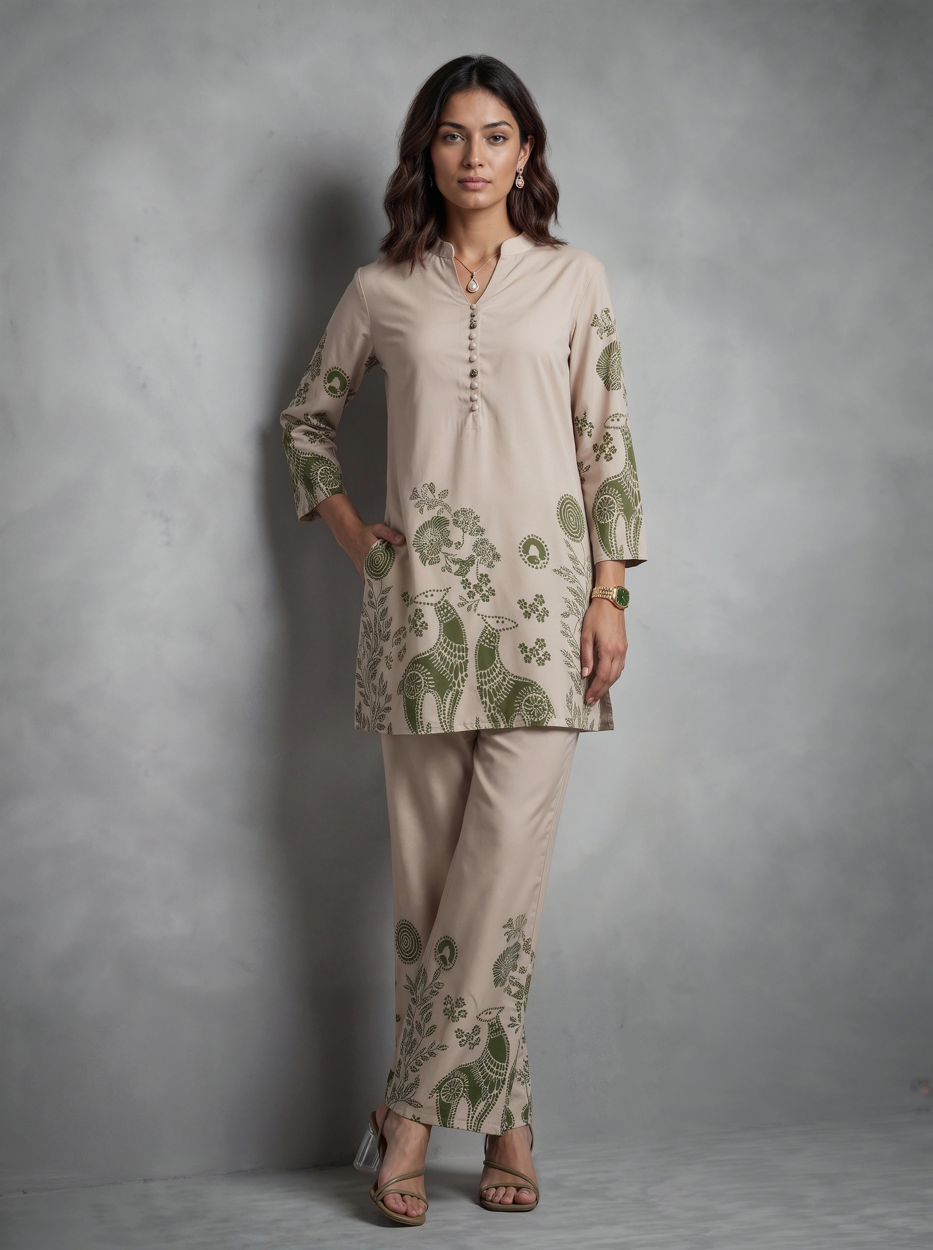 Beige Botanical Printed Co-Ord Set