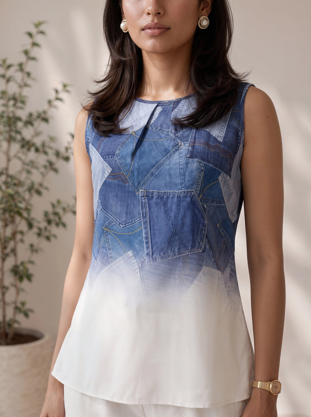 Blue Patchwork Print Sleeveless Co-Ord Set