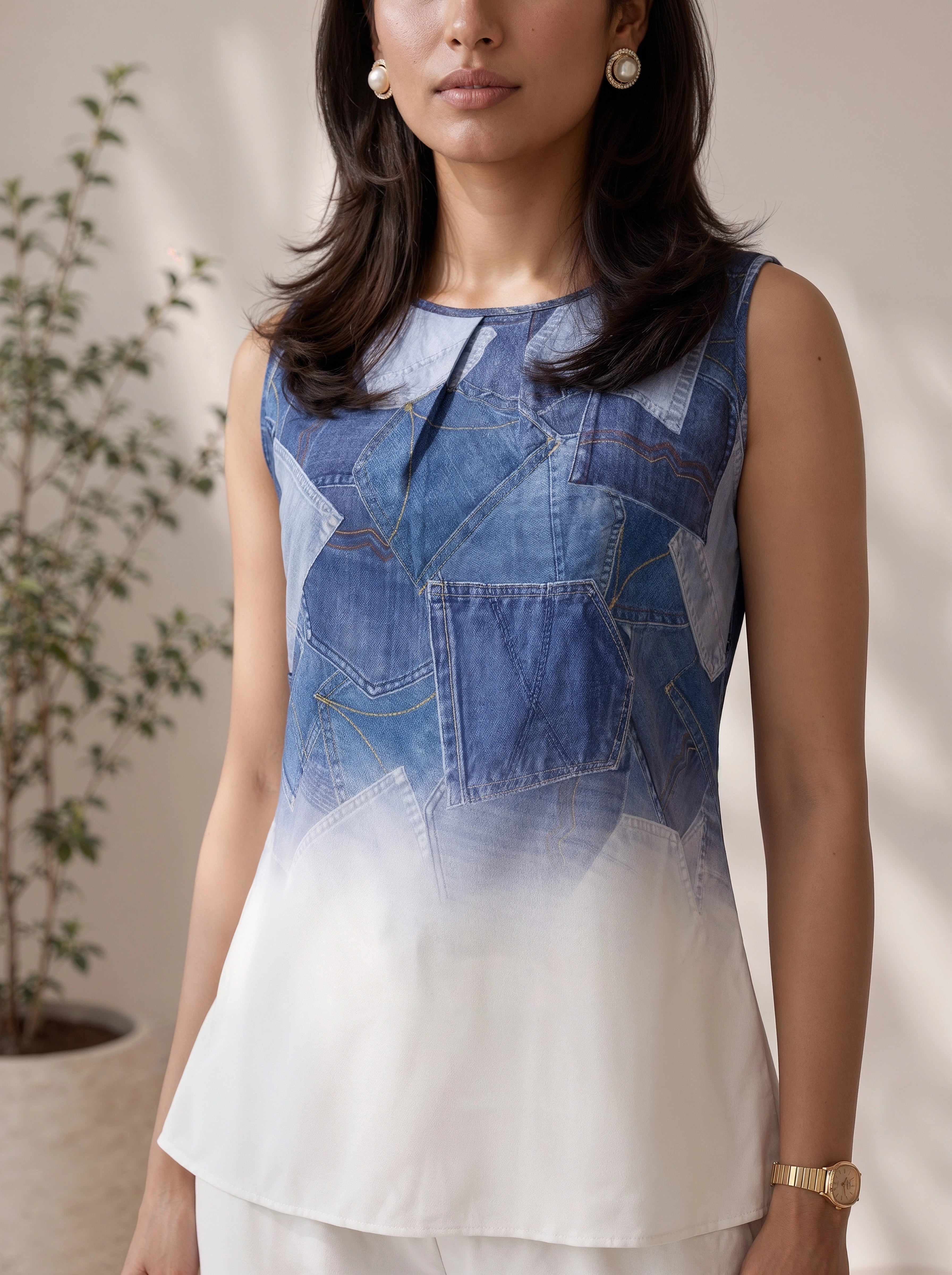 Blue Patchwork Print Sleeveless Co-Ord Set