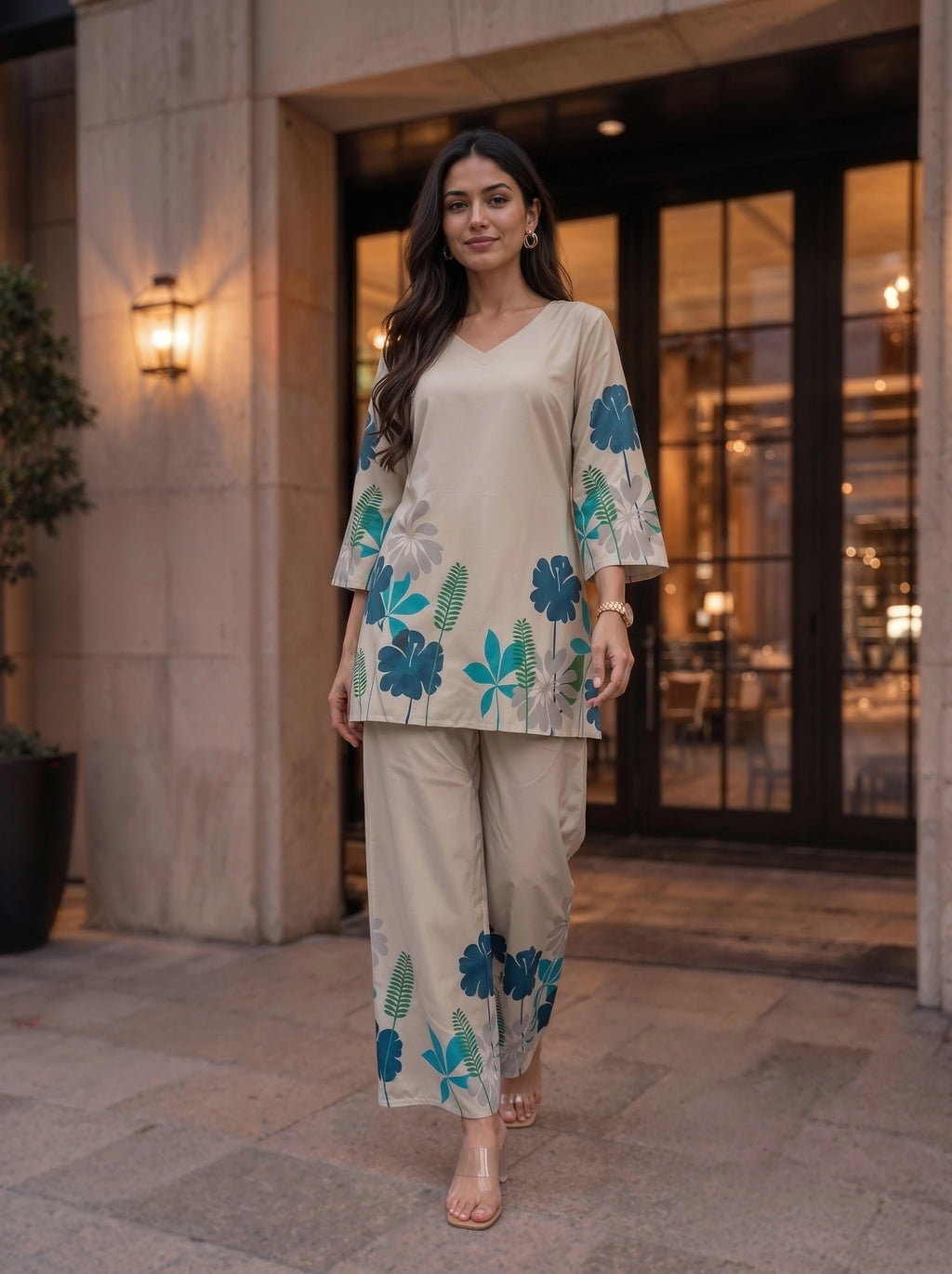 Beige Blue Floral Printed Co-Ord Set
