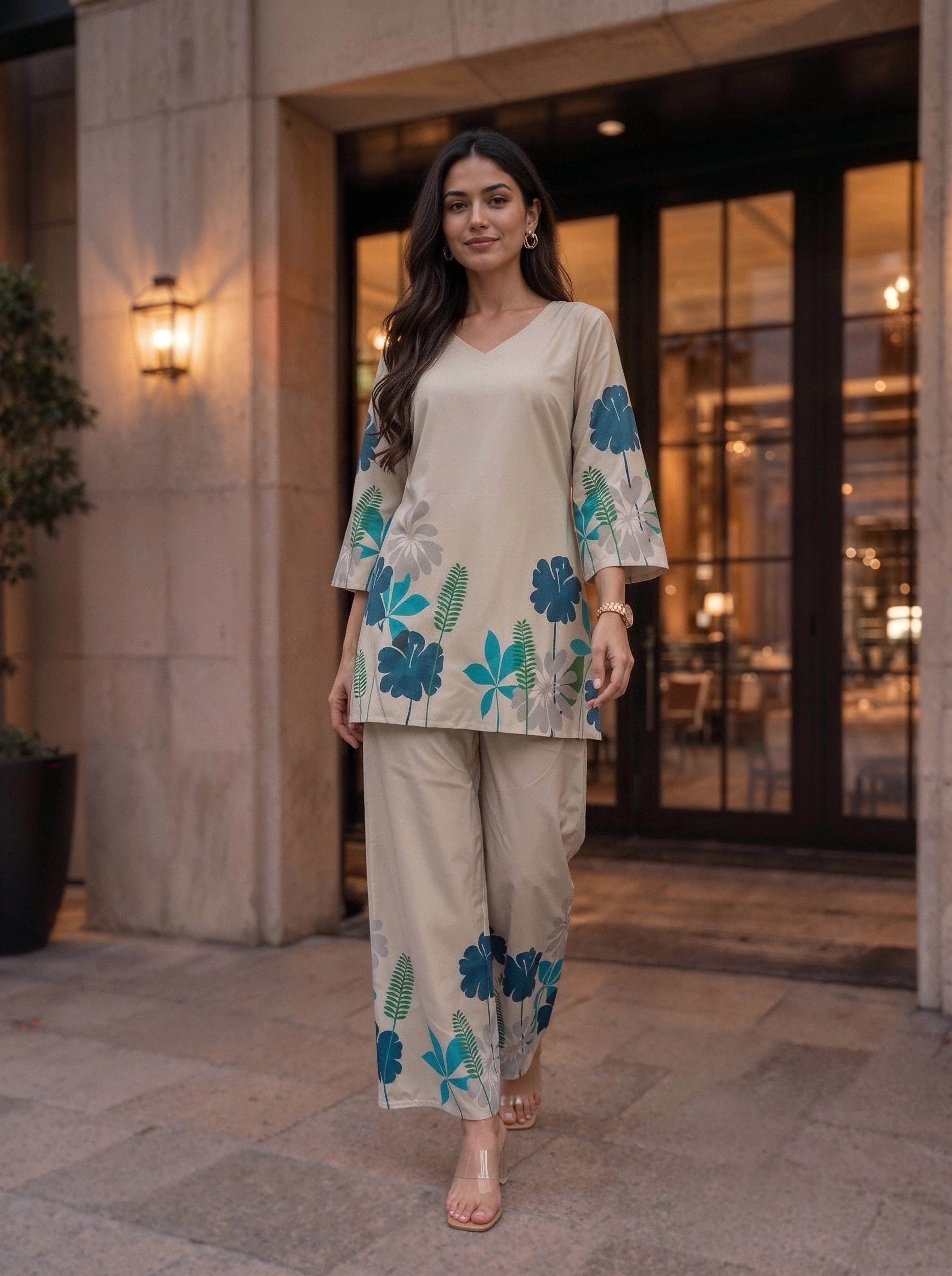 Beige Blue Floral Printed Co-Ord Set