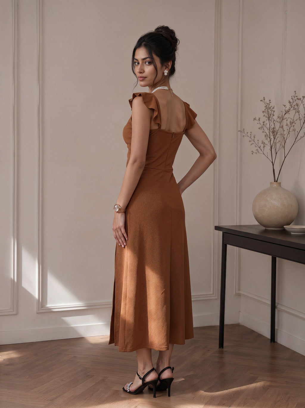 Mocha Ruched Cut-Out Slit Midi Dress