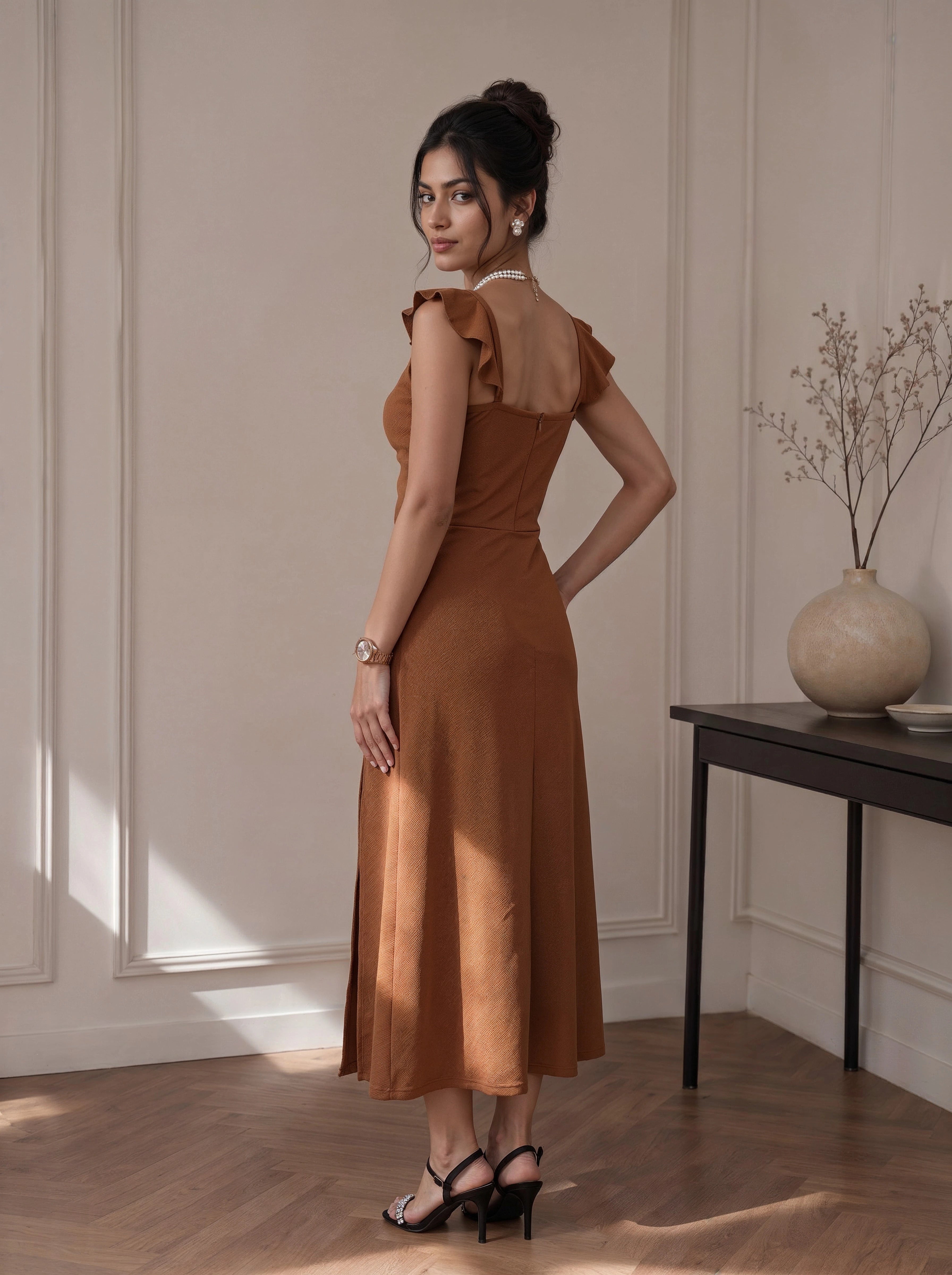 Mocha Ruched Cut-Out Slit Midi Dress