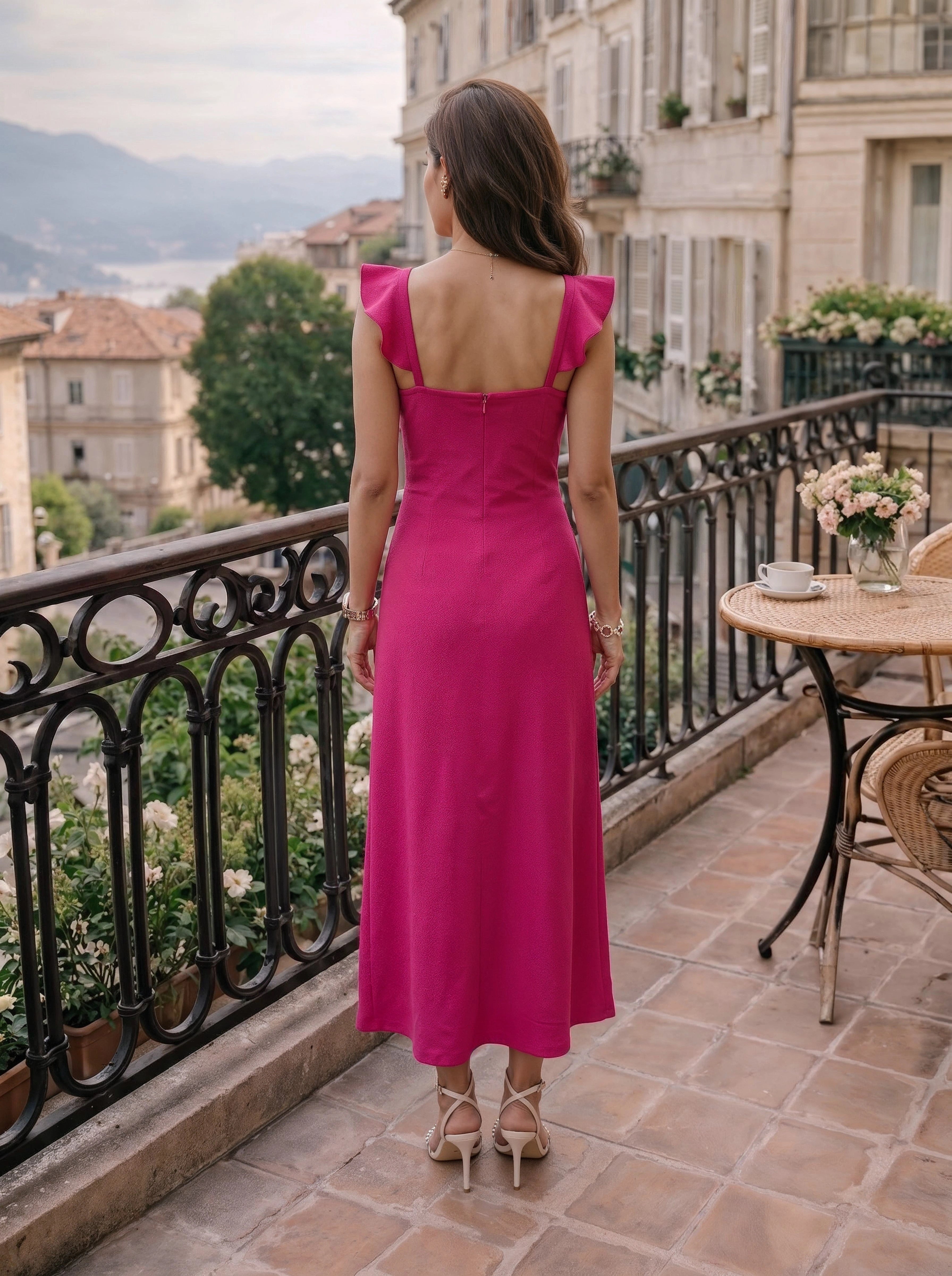 Fuchsia Ruched Cut-Out Slit Maxi Dress