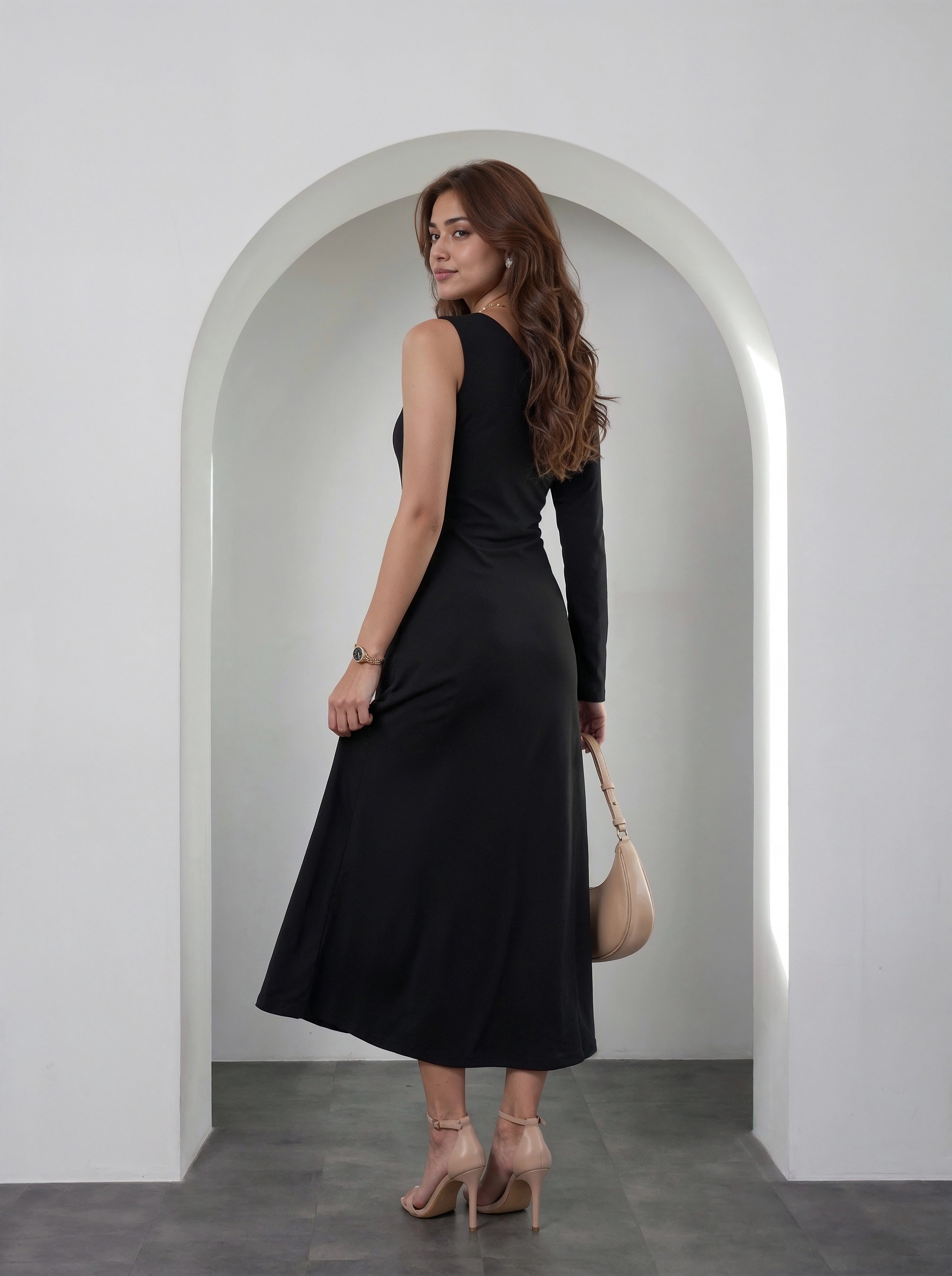 Black One-Shoulder Ruched Maxi Dress