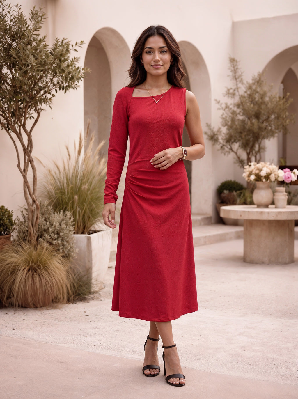 Ruby Red One-Shoulder Ruched Midi Dress