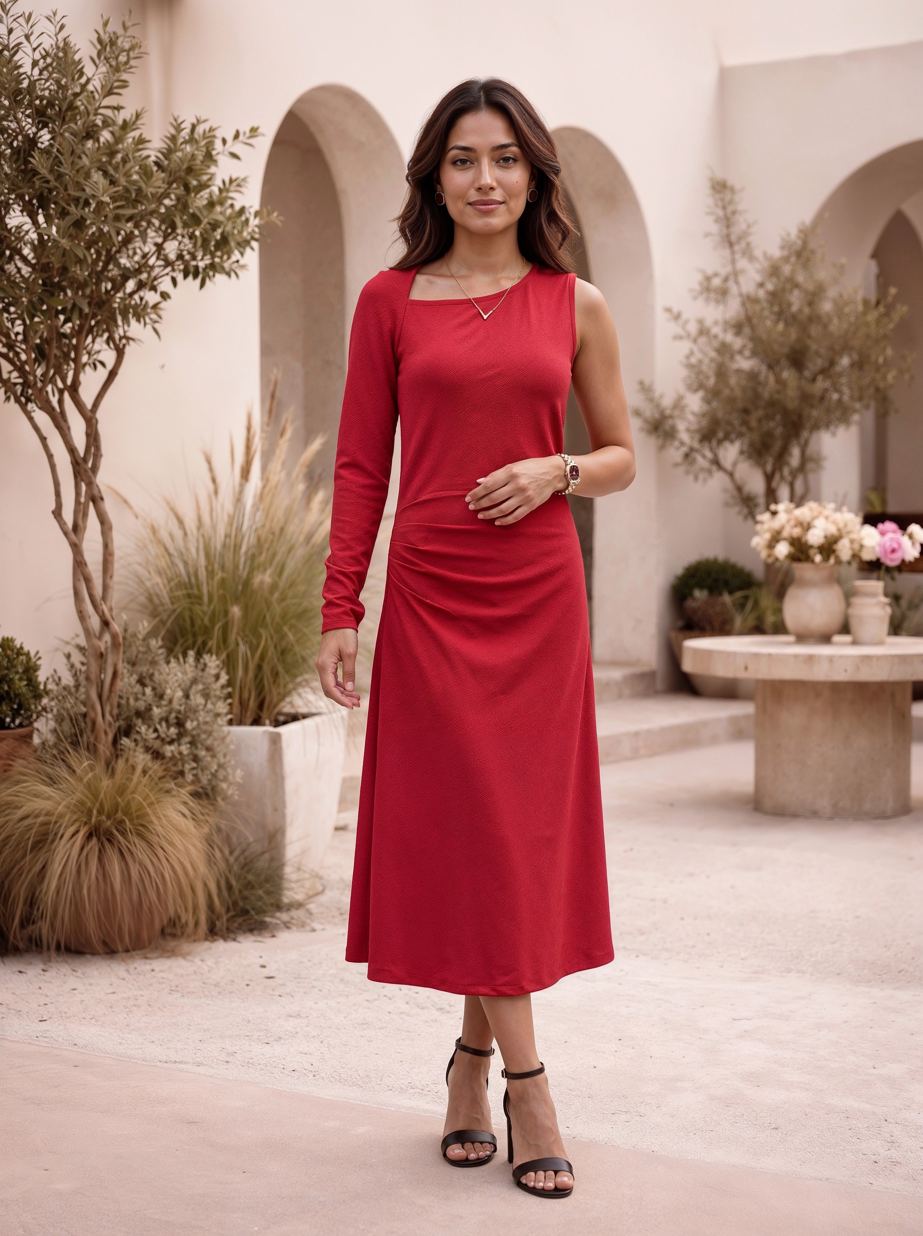 Ruby Red One-Shoulder Ruched Midi Dress
