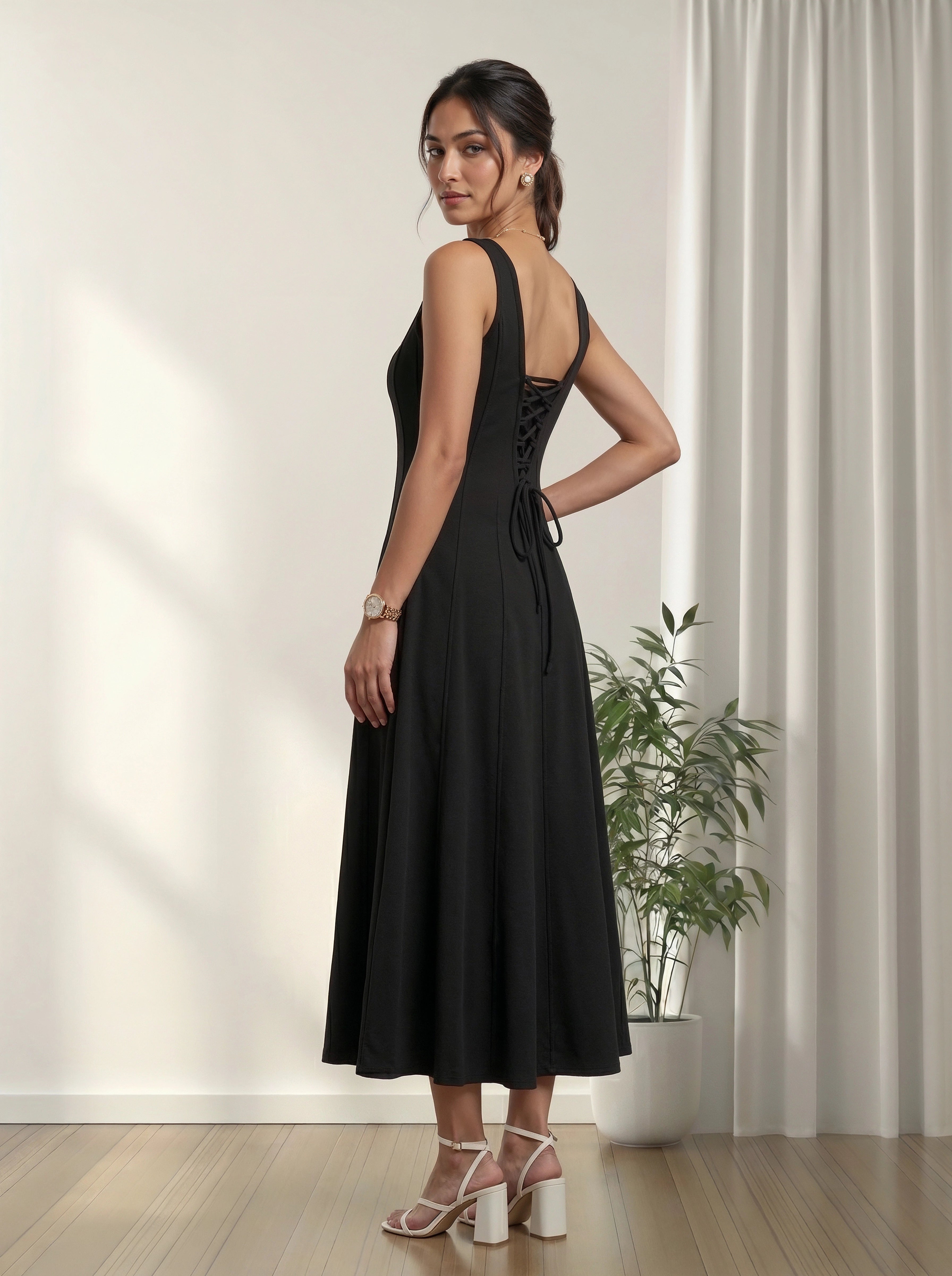 Black Lace-Up Back Fit & Flare Midi Dress