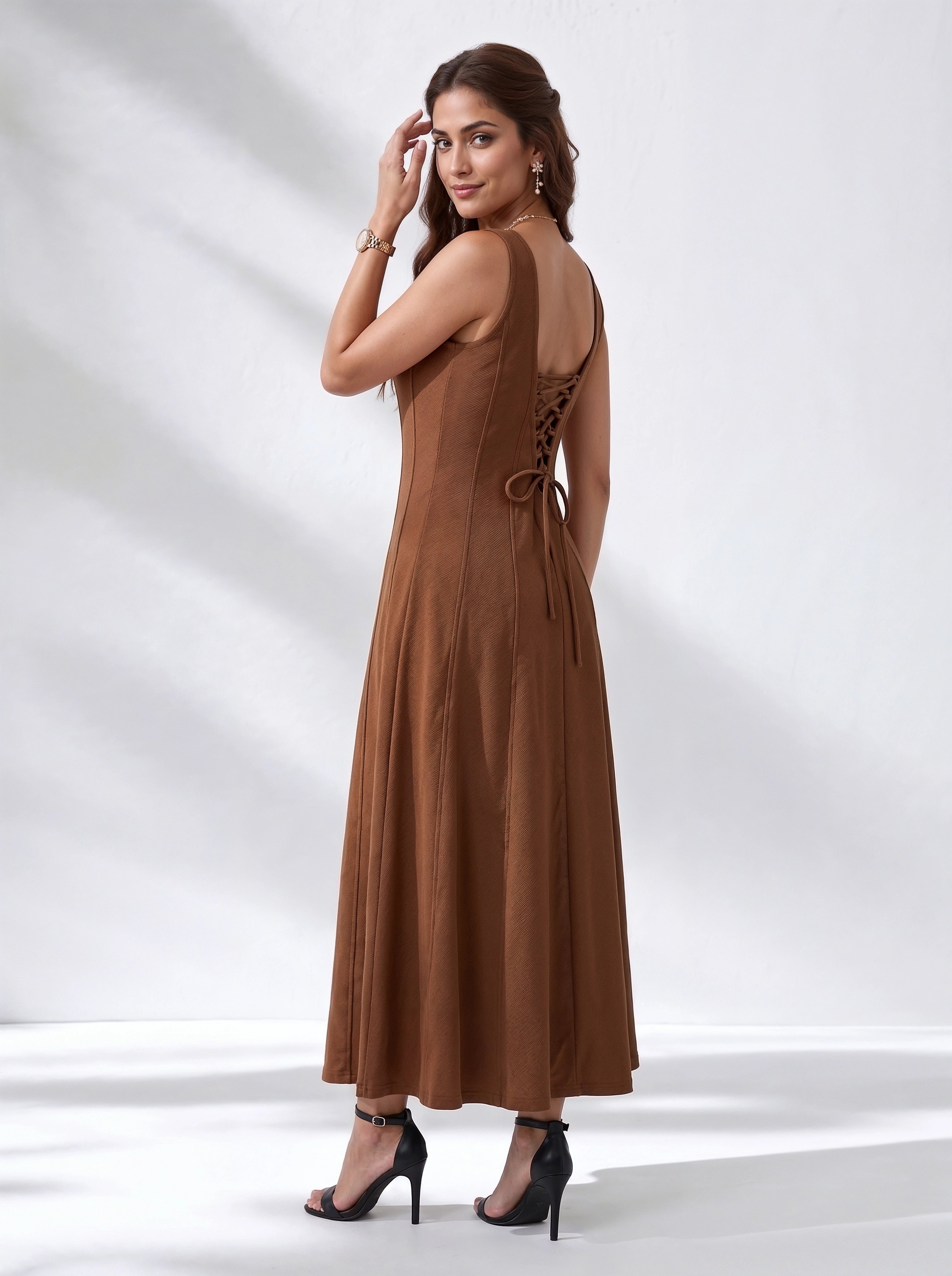 Mocha Brown Sleeveless Fit & Flare Midi Dress
