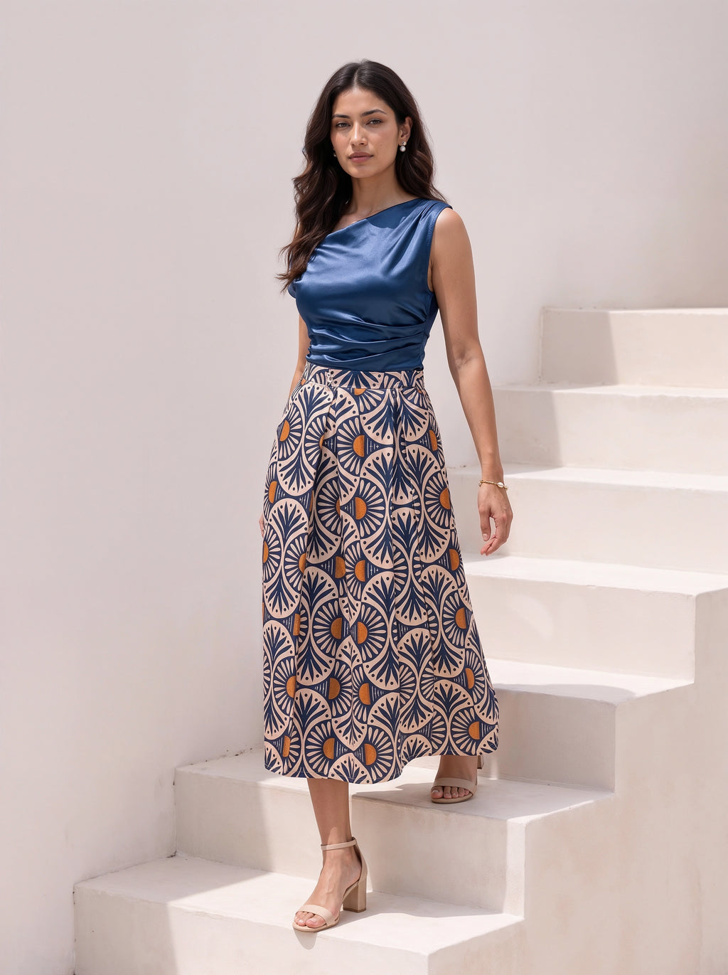 Blue Geometric Printed Pleated Midi Skirt