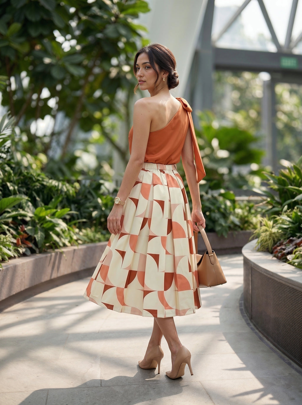 Peach Geometric Printed Pleated Midi Skirt