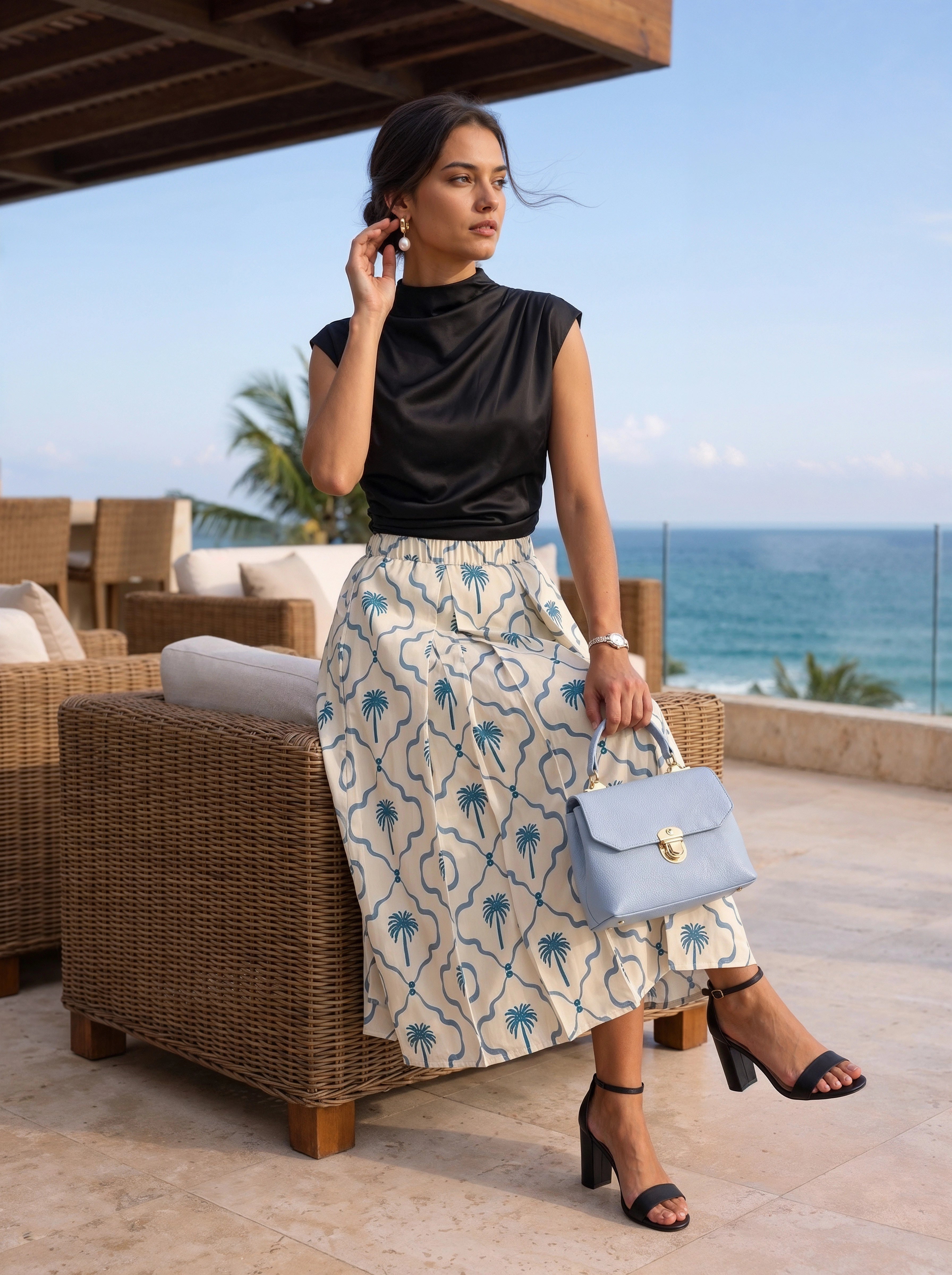 Blue Palm Printed Pleated Midi Skirt