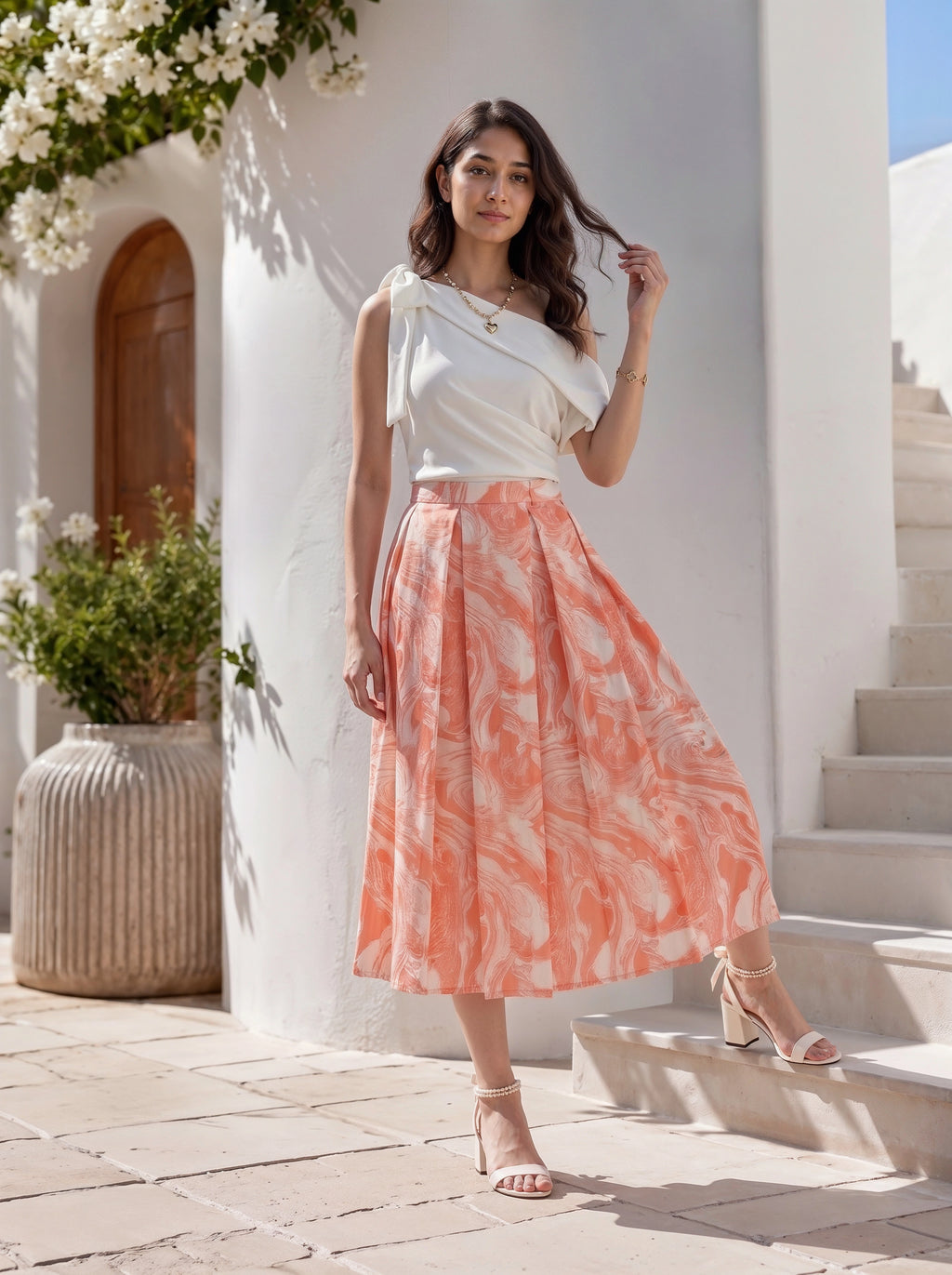 Coral Marble Printed Pleated Midi Skirt