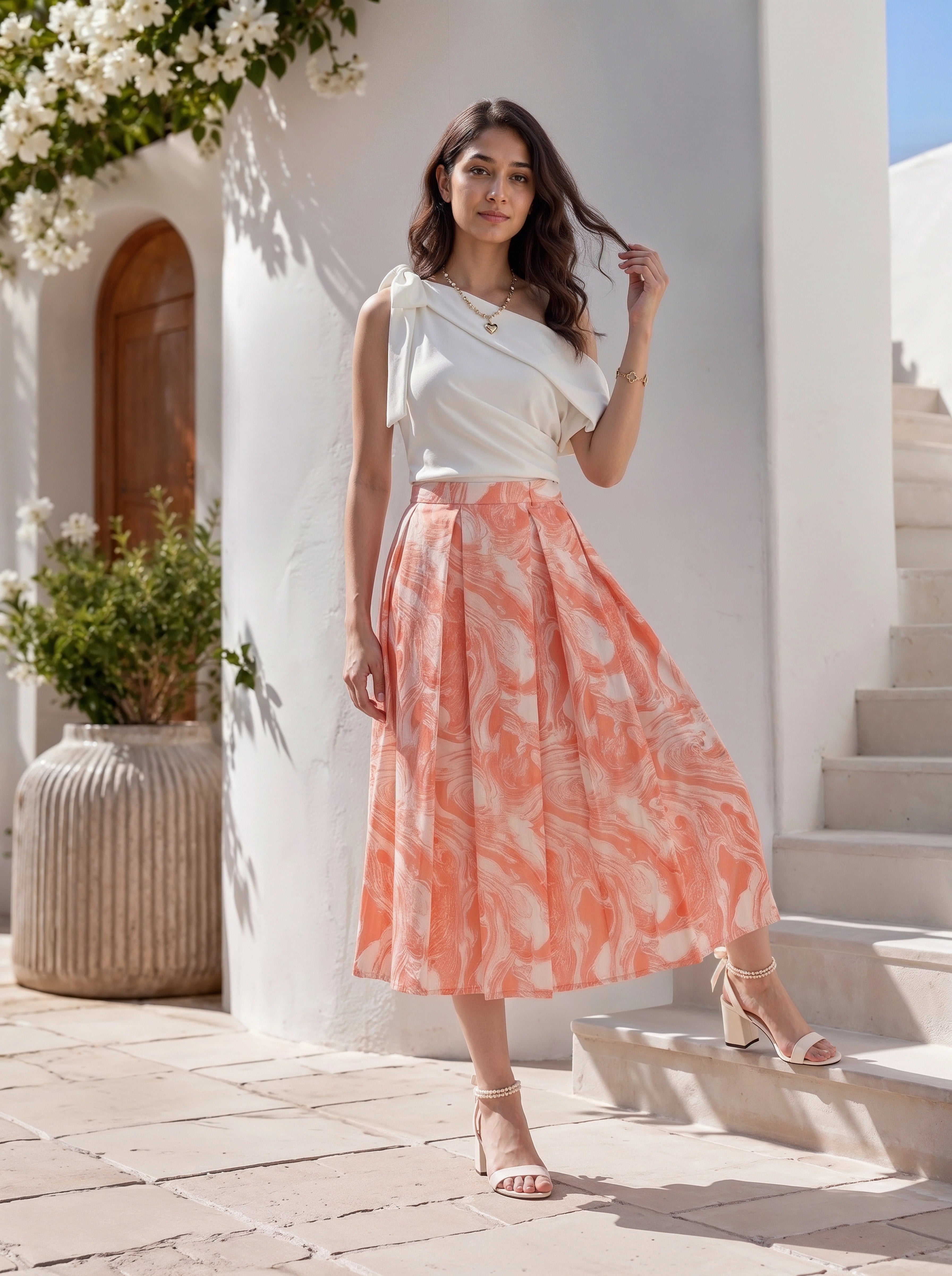 Coral Marble Printed Pleated Midi Skirt