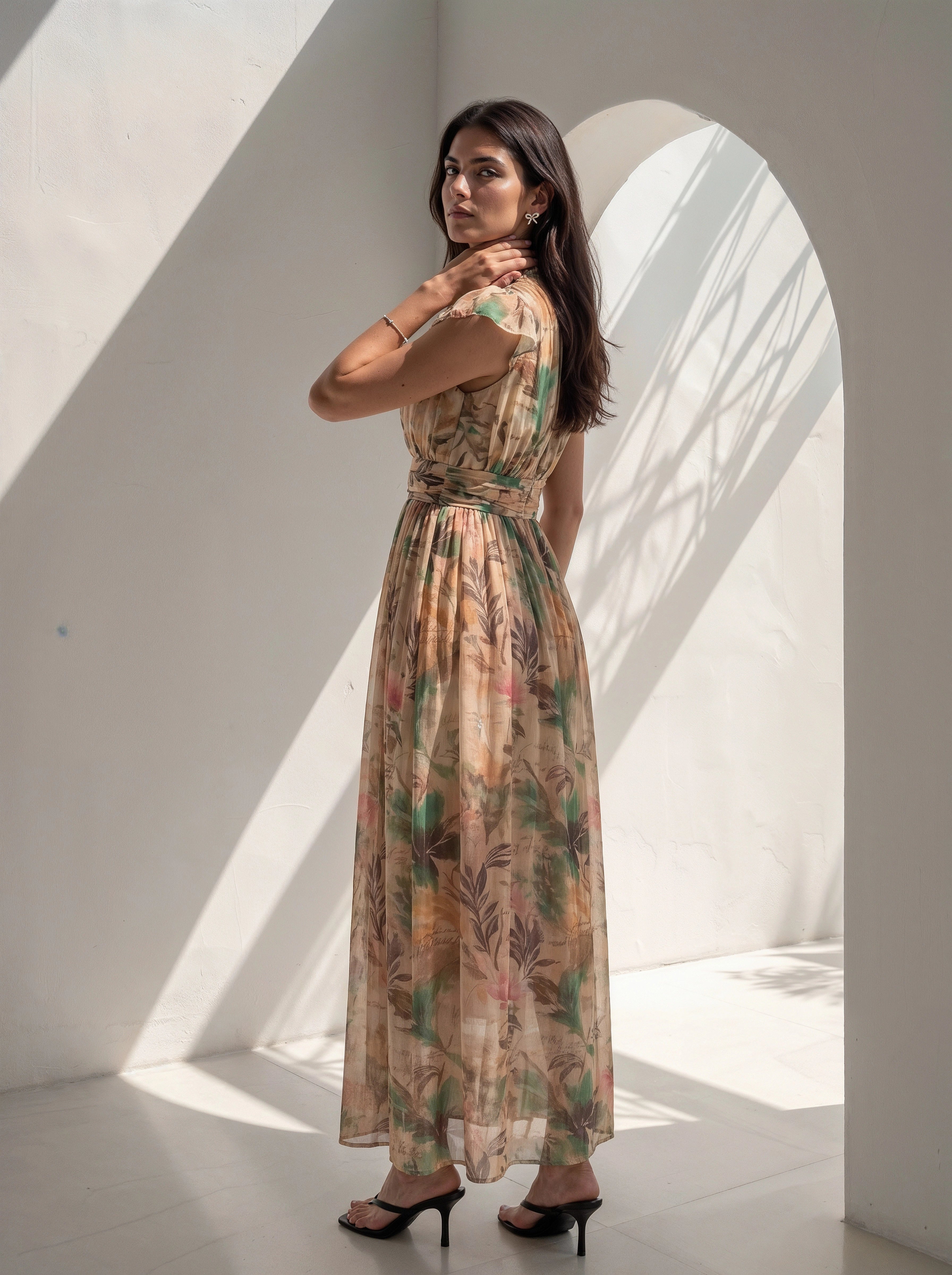 Beige Floral Print Flutter Sleeve Maxi Dress