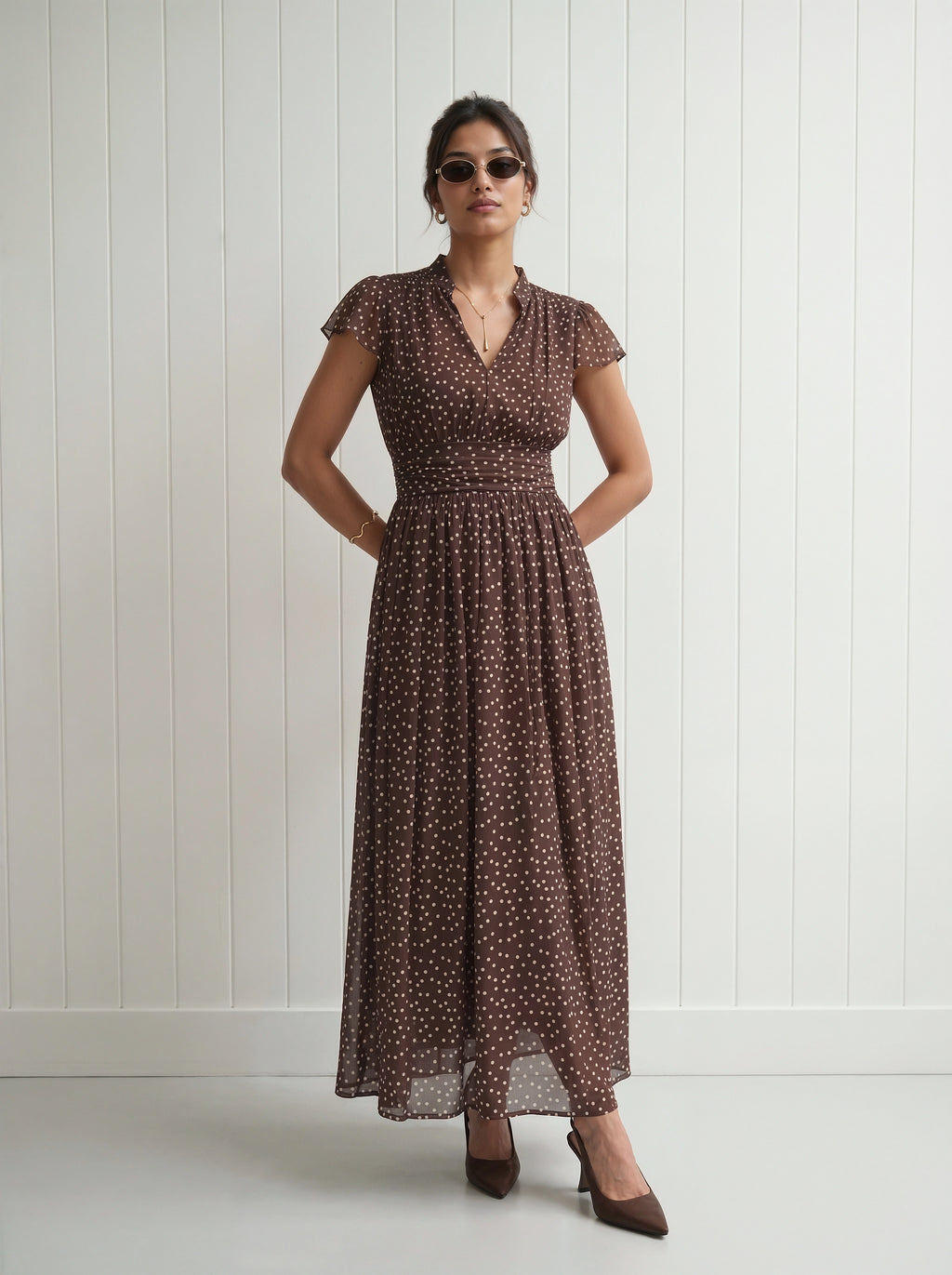Brown Polka Dot Flutter Sleeve Maxi Dress