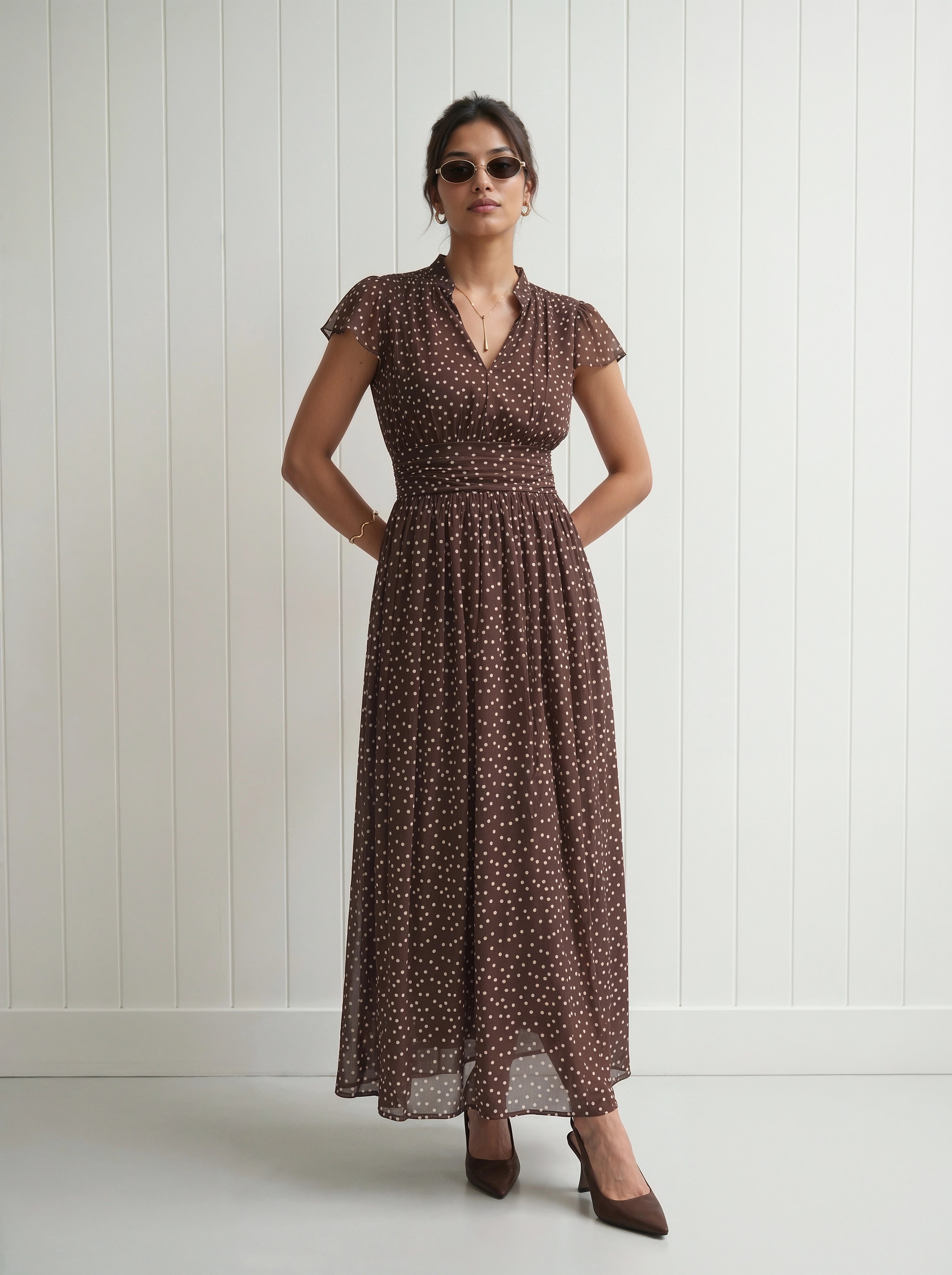 Brown Polka Dot Flutter Sleeve Maxi Dress