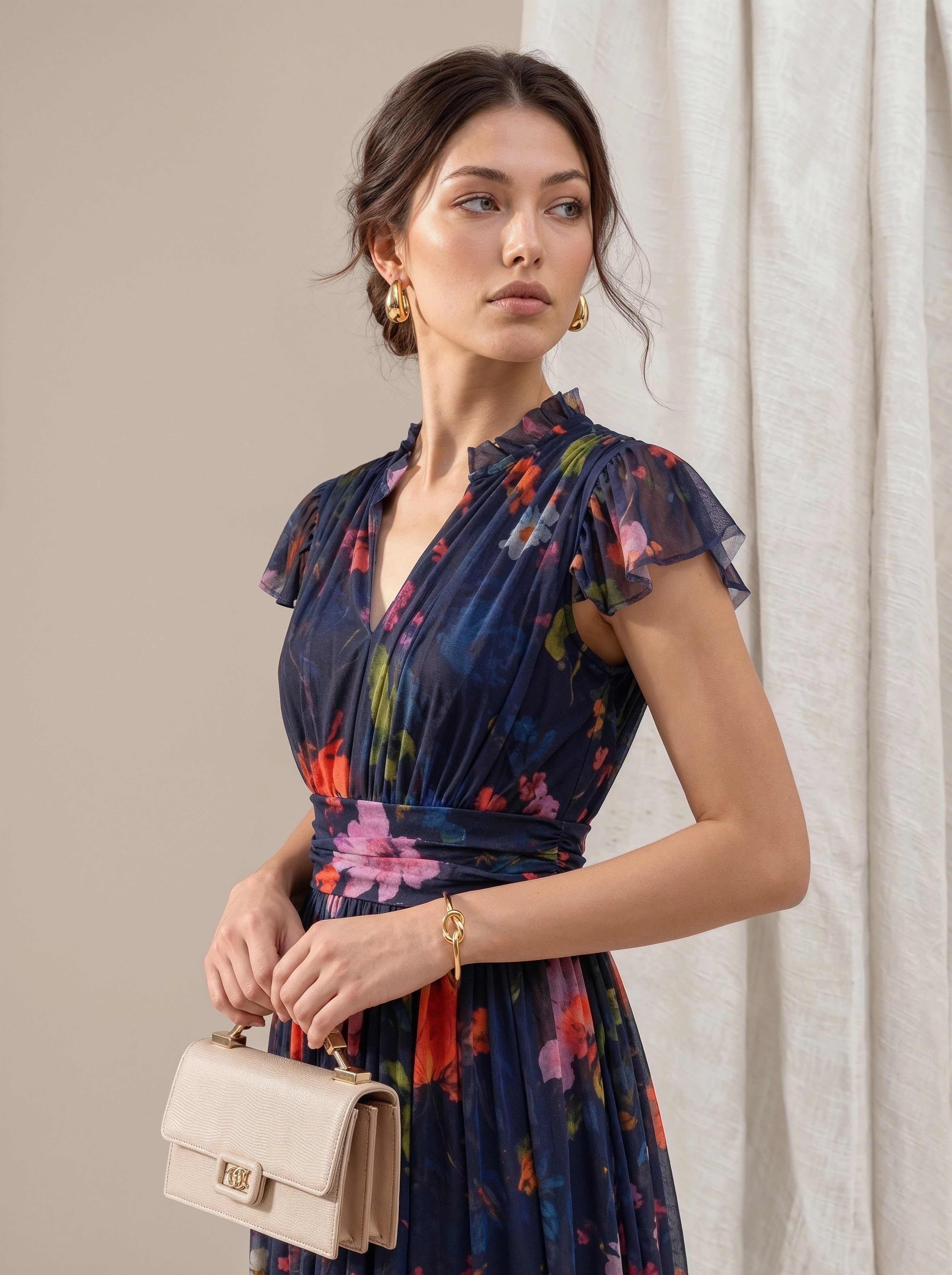 Navy Floral Print Flutter Sleeve Midi Dress