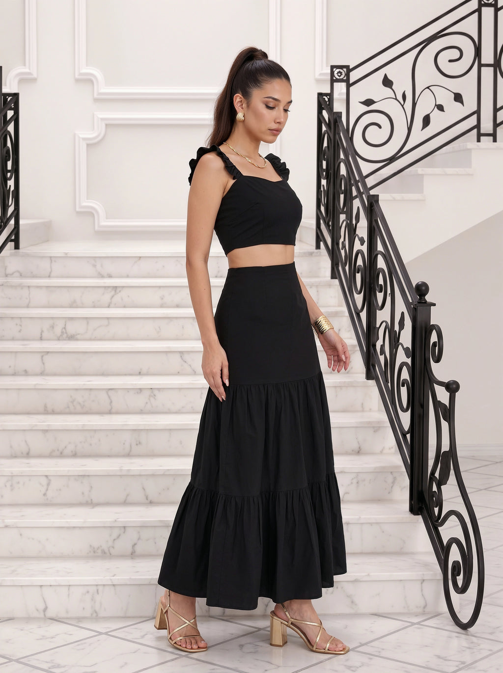 Black Ruffle Strap Crop Top & Tiered Skirt Co-Ord Set