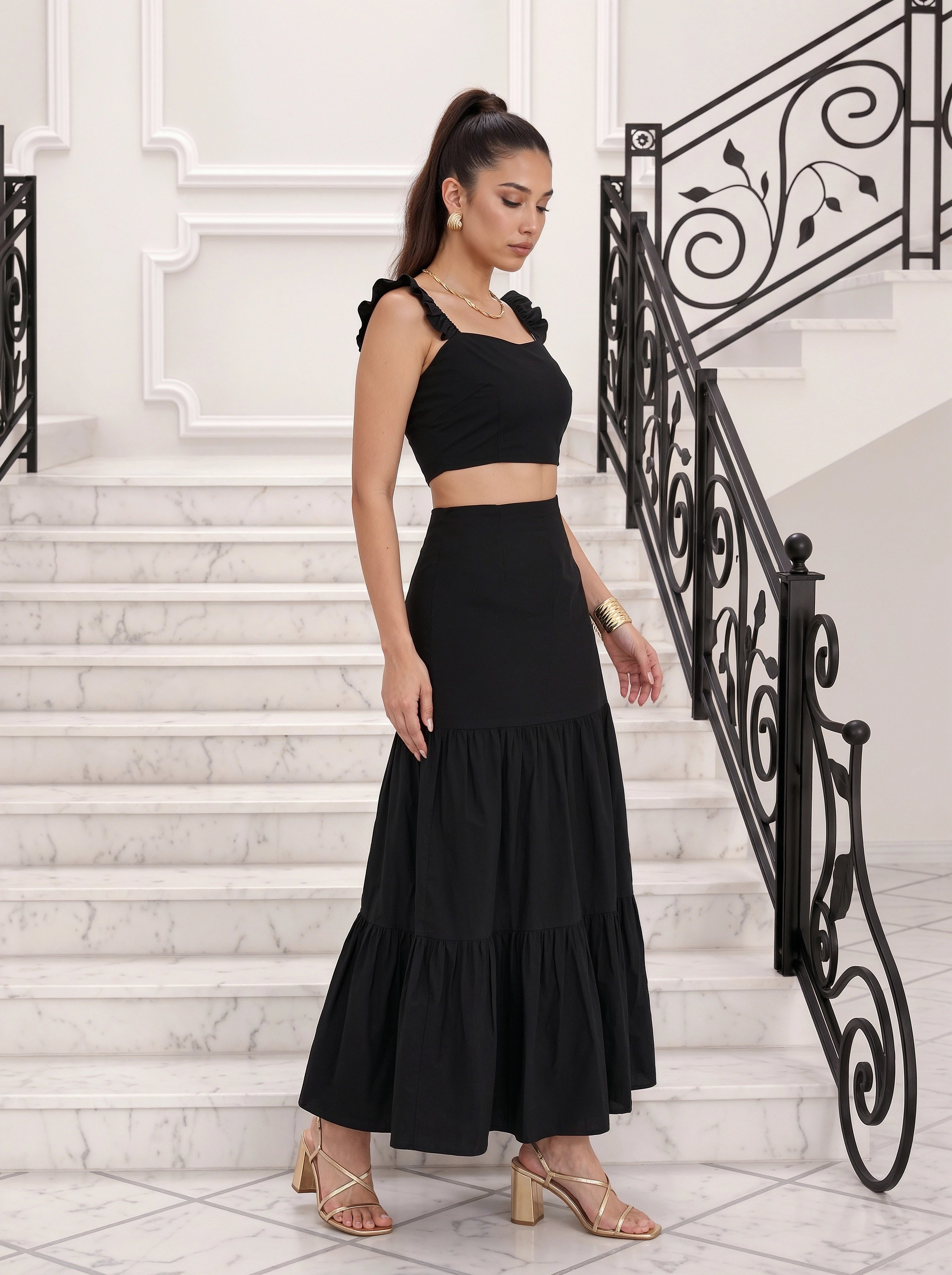 Black Ruffle Strap Crop Top & Tiered Skirt Co-Ord Set