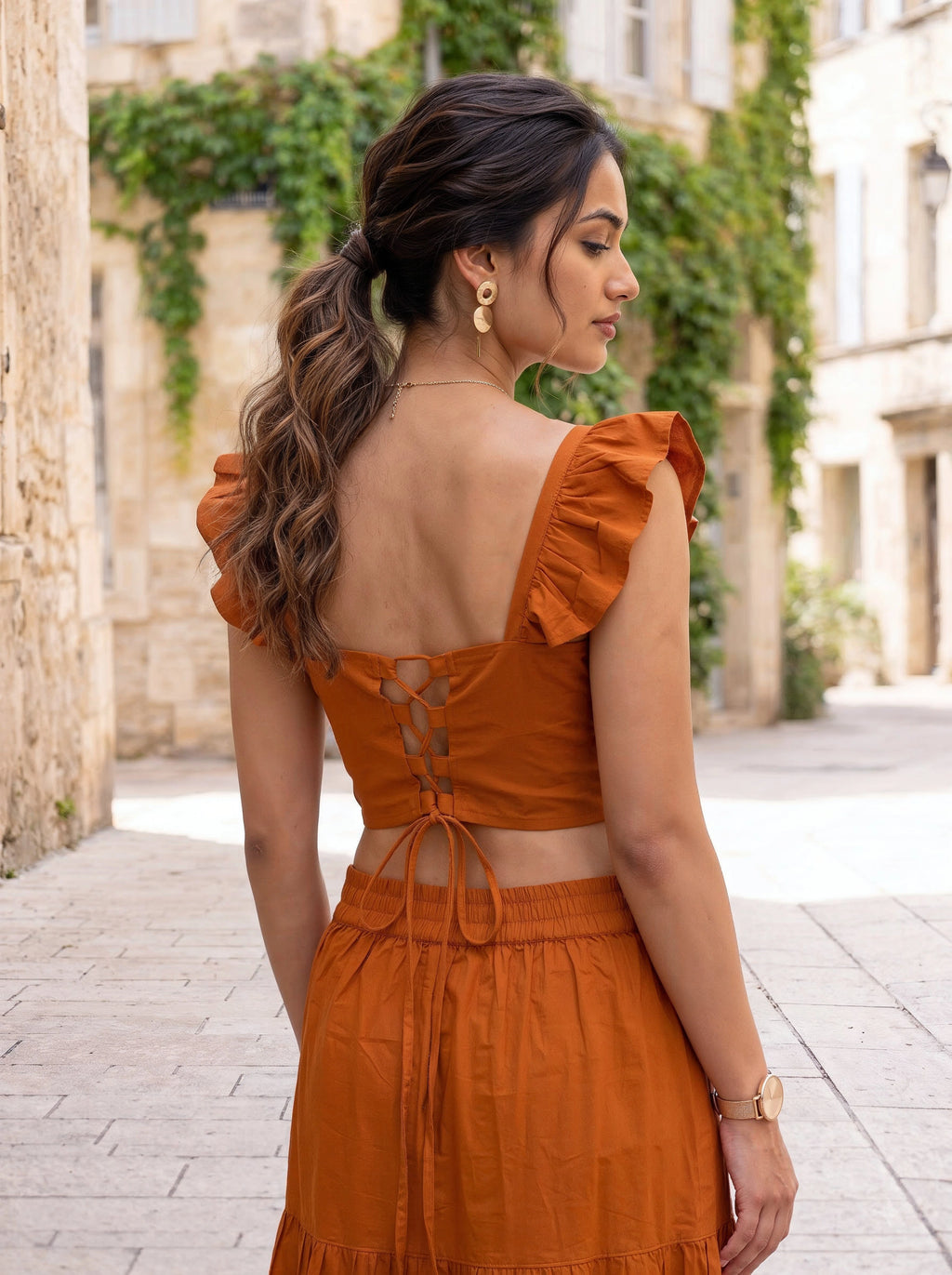 Rust Orange Ruffle Sleeve Crop Top & Tiered Skirt Co-Ord Set