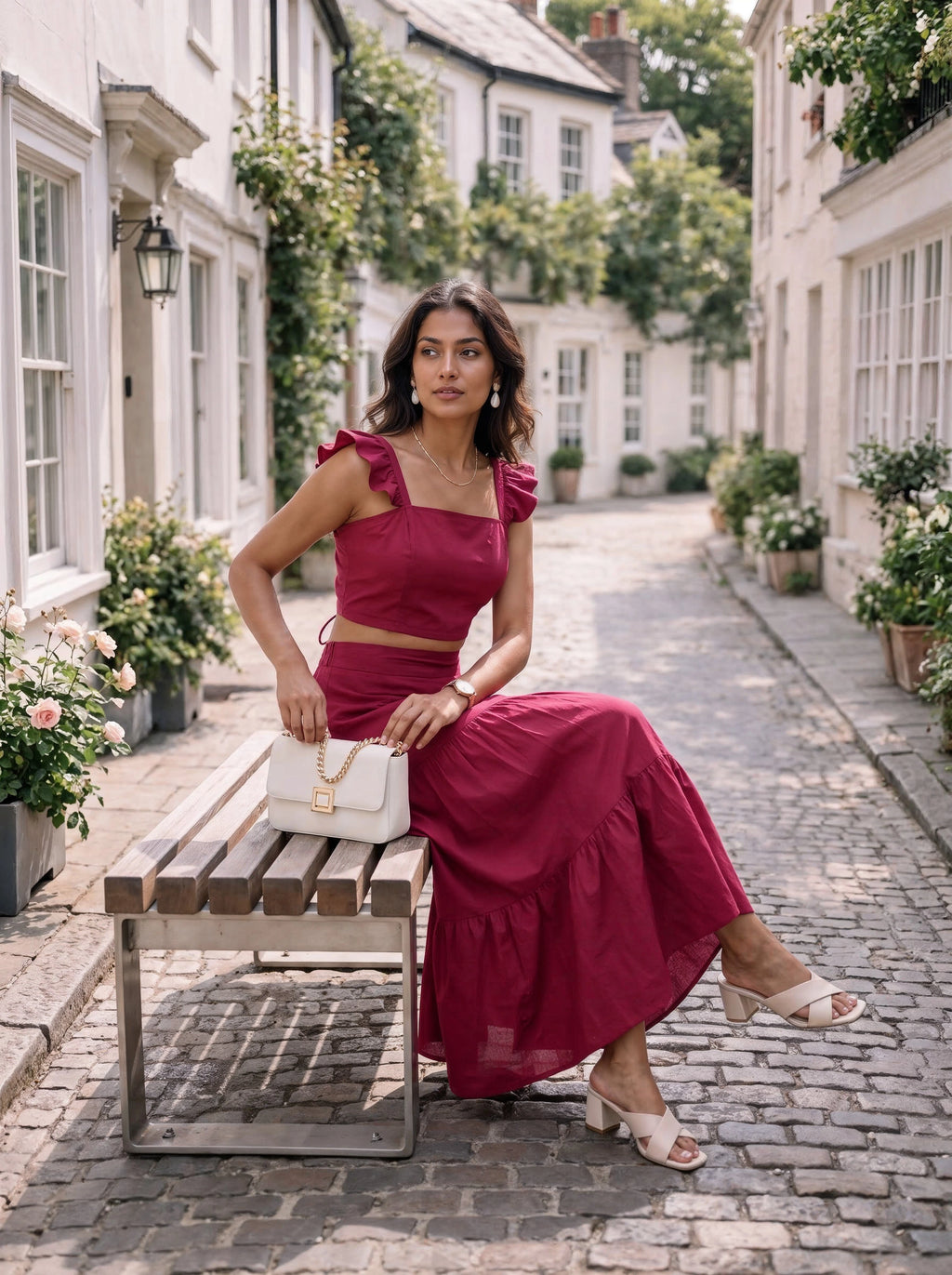 Berry Pink Ruffle Sleeve Crop Top & Tiered Skirt Co-Ord Set