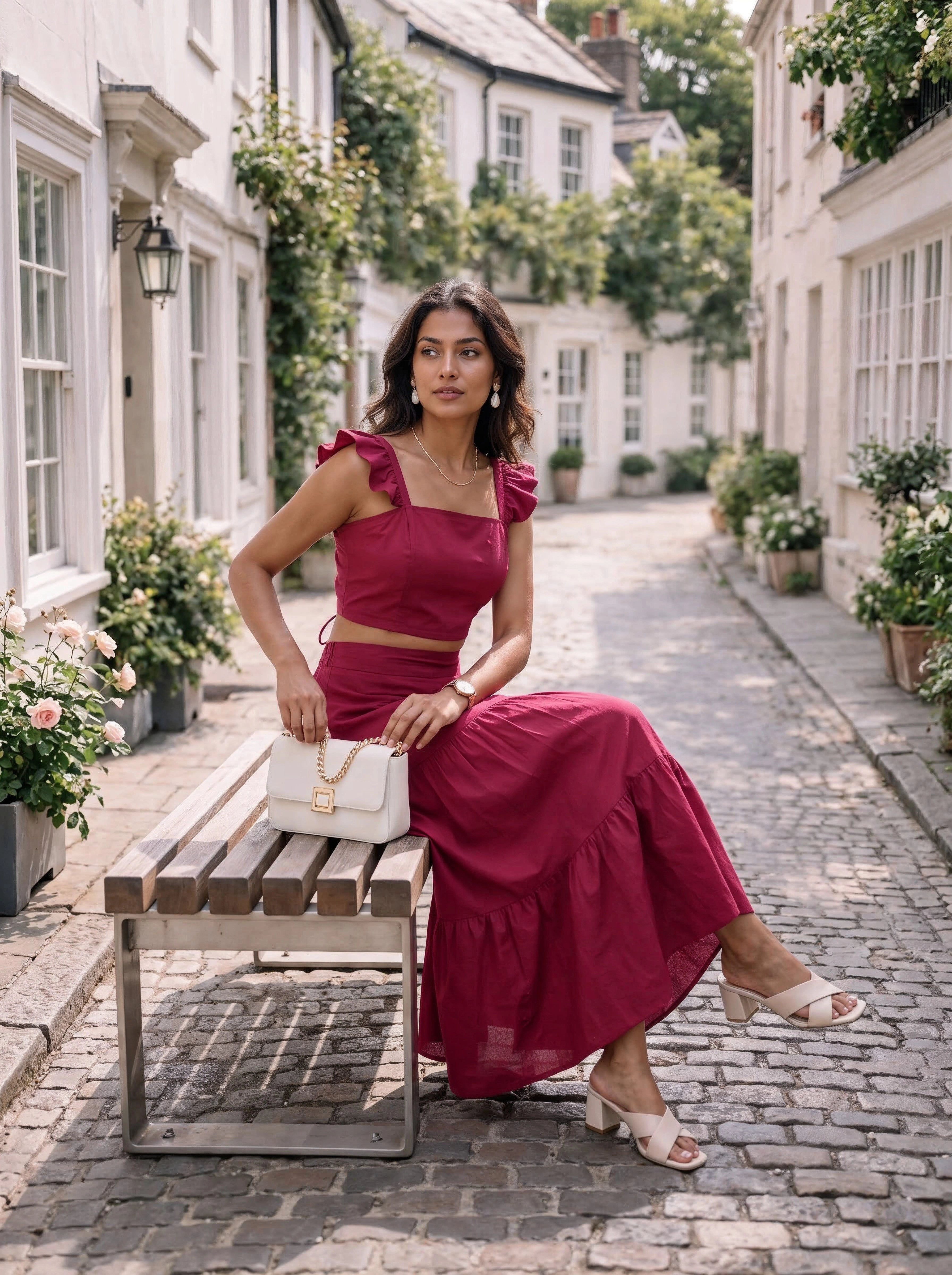 Berry Pink Ruffle Sleeve Crop Top & Tiered Skirt Co-Ord Set