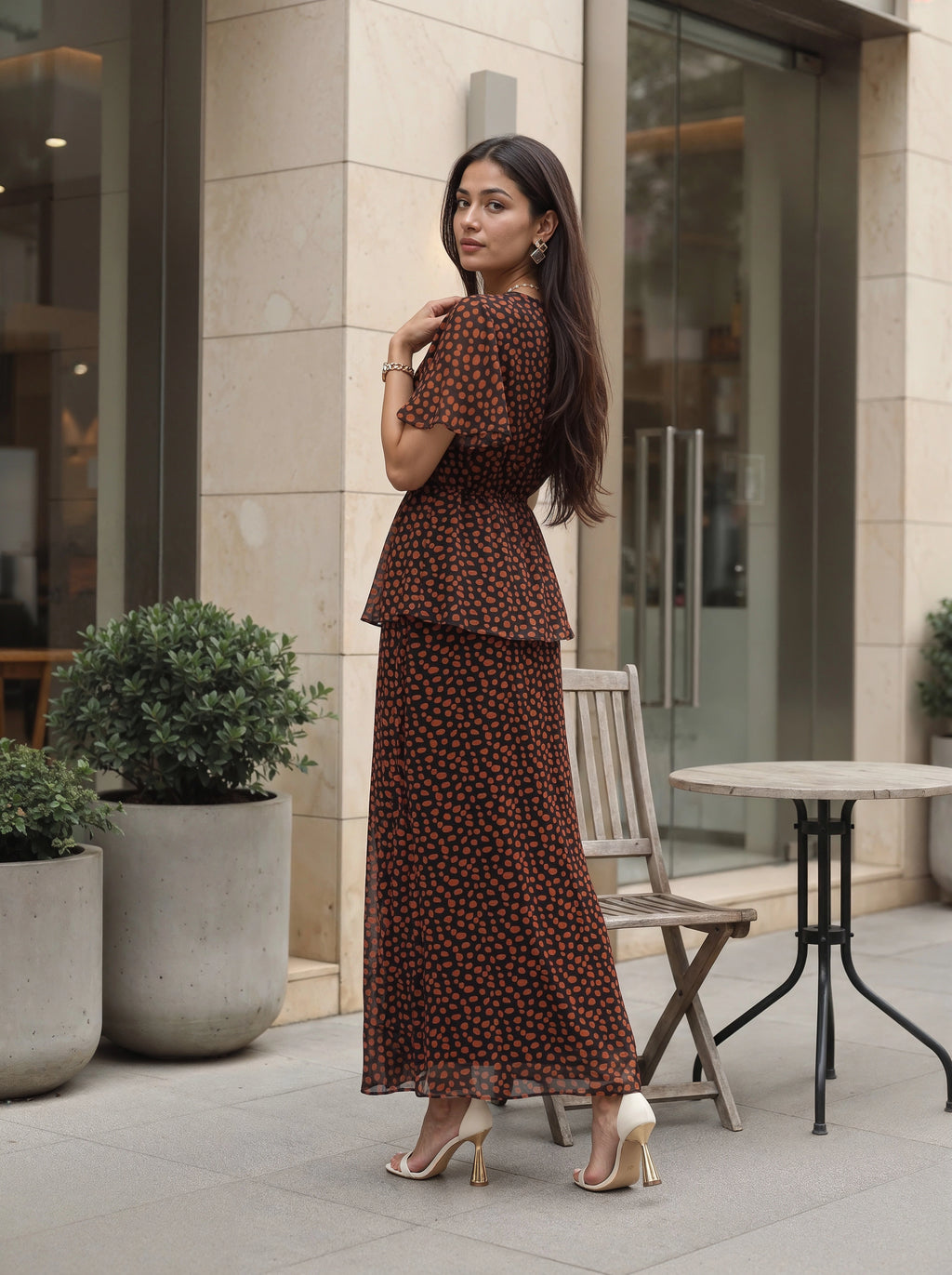 Brown Printed Peplum Top & Maxi Skirt Co-Ord Set