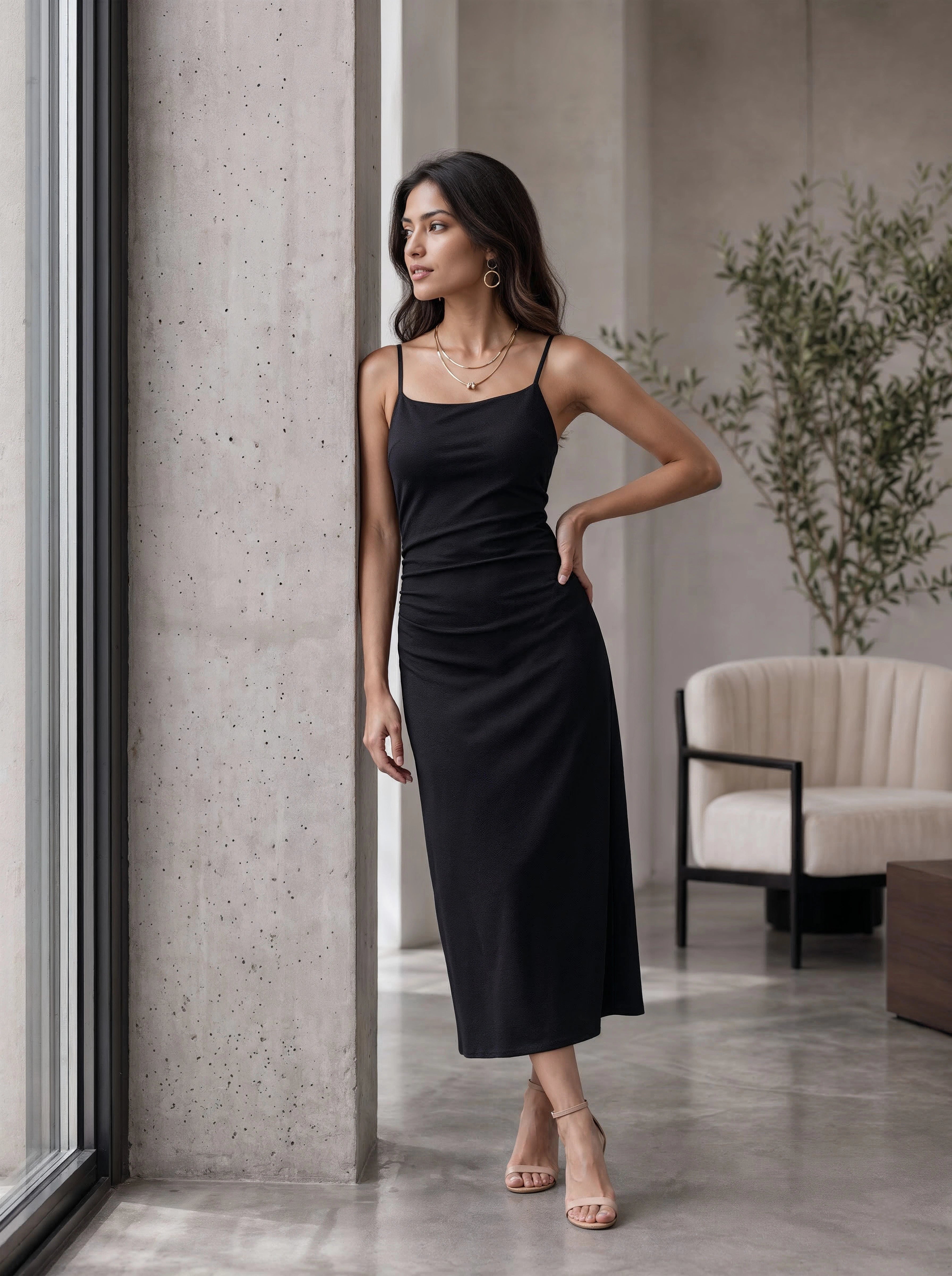 Black Midi Dress with Spaghetti Straps