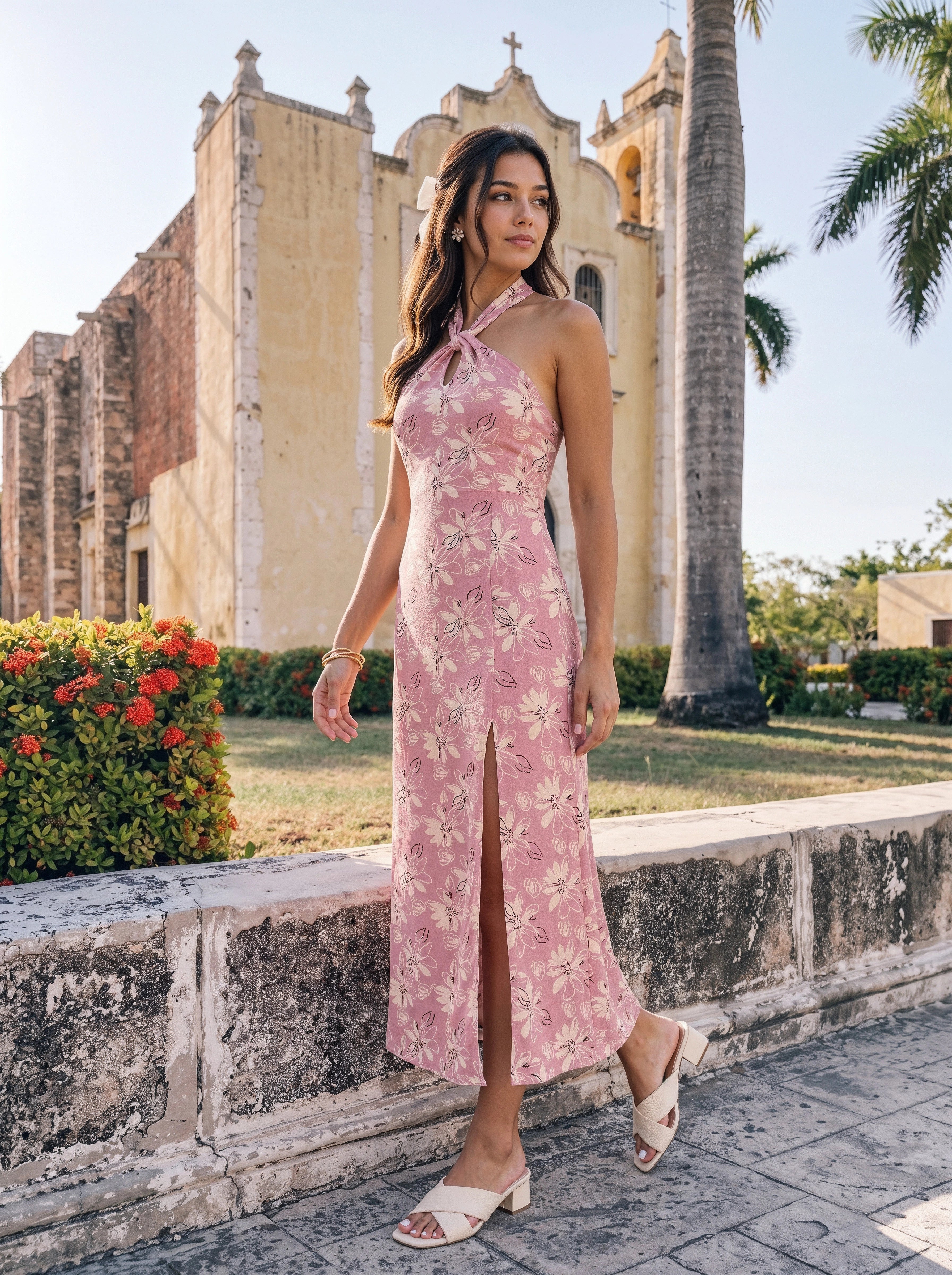 Pink Floral Halter Neck Slit Dress