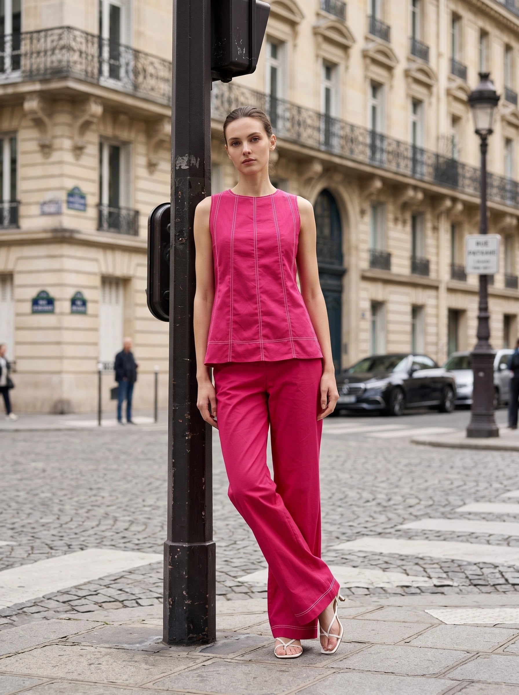 Pink Contrast-Stitch Sleeveless Top & Wide-Leg Pants Co-Ord Set