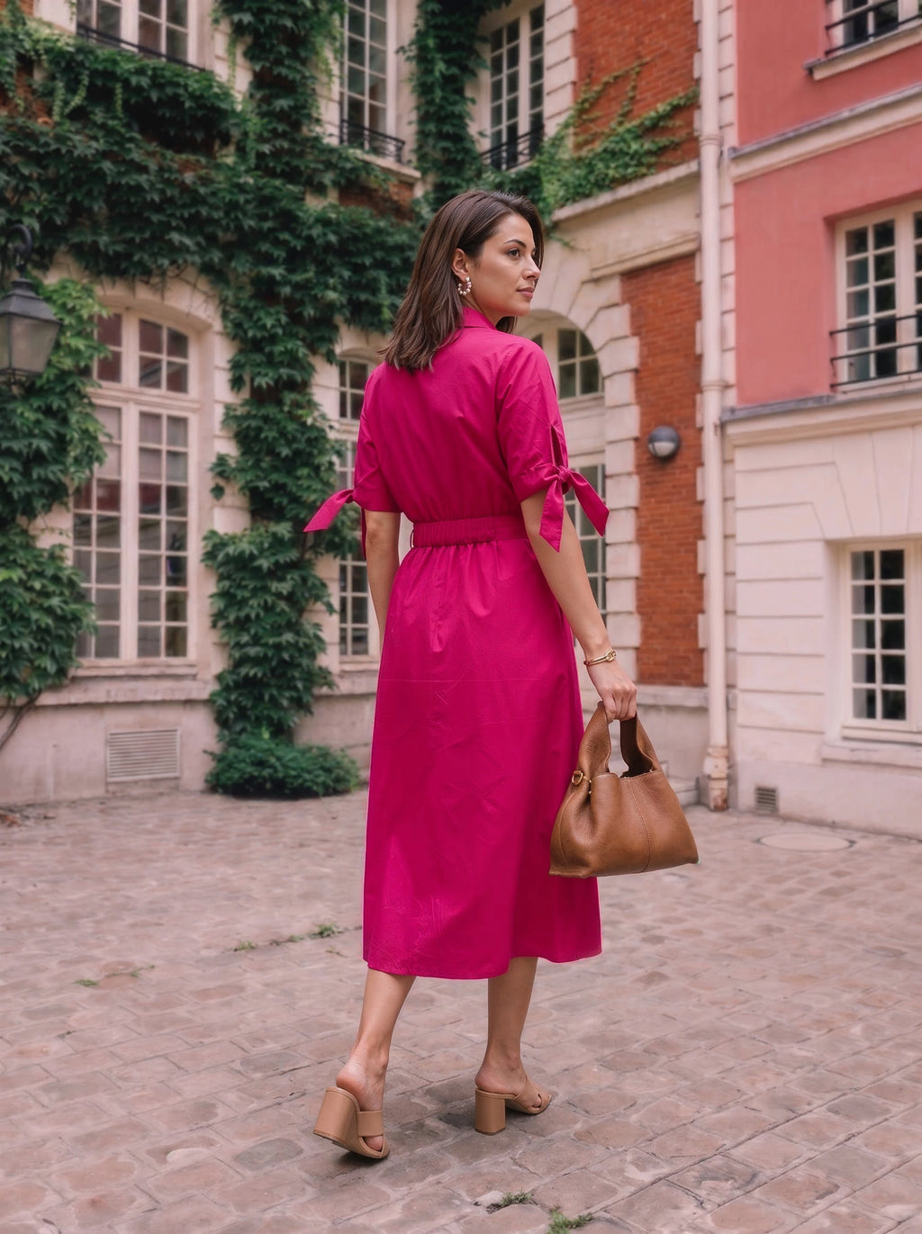 Pink Belted Shirt Dress with Tie-Waist Detail