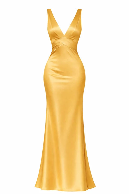 Golden Cross-Back Evening Maxi Dress