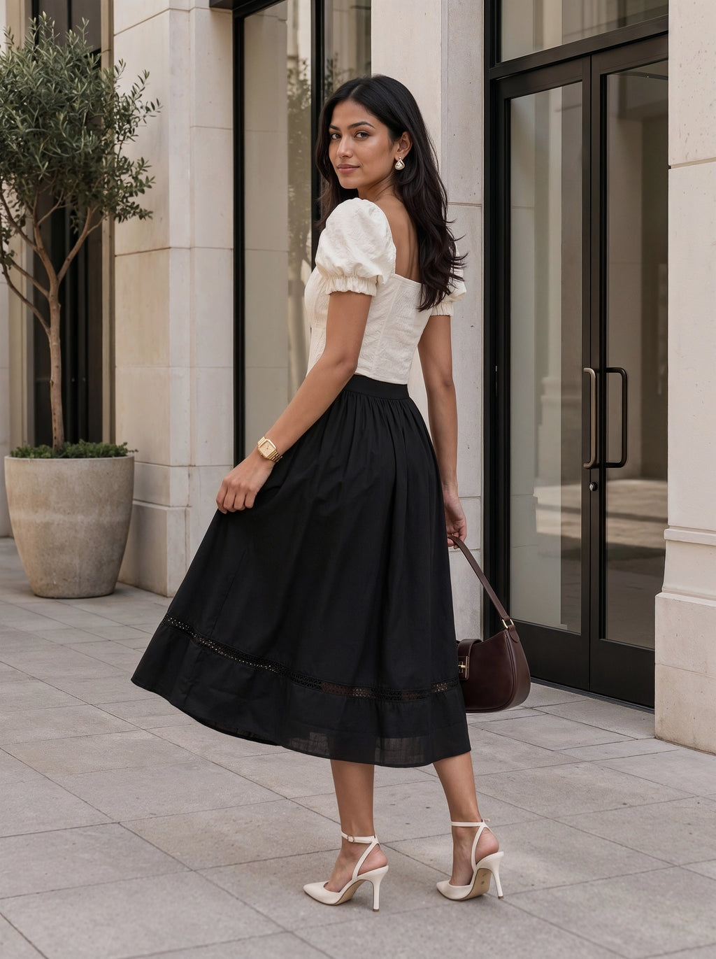 Black Gathered A-Line Midi Skirt