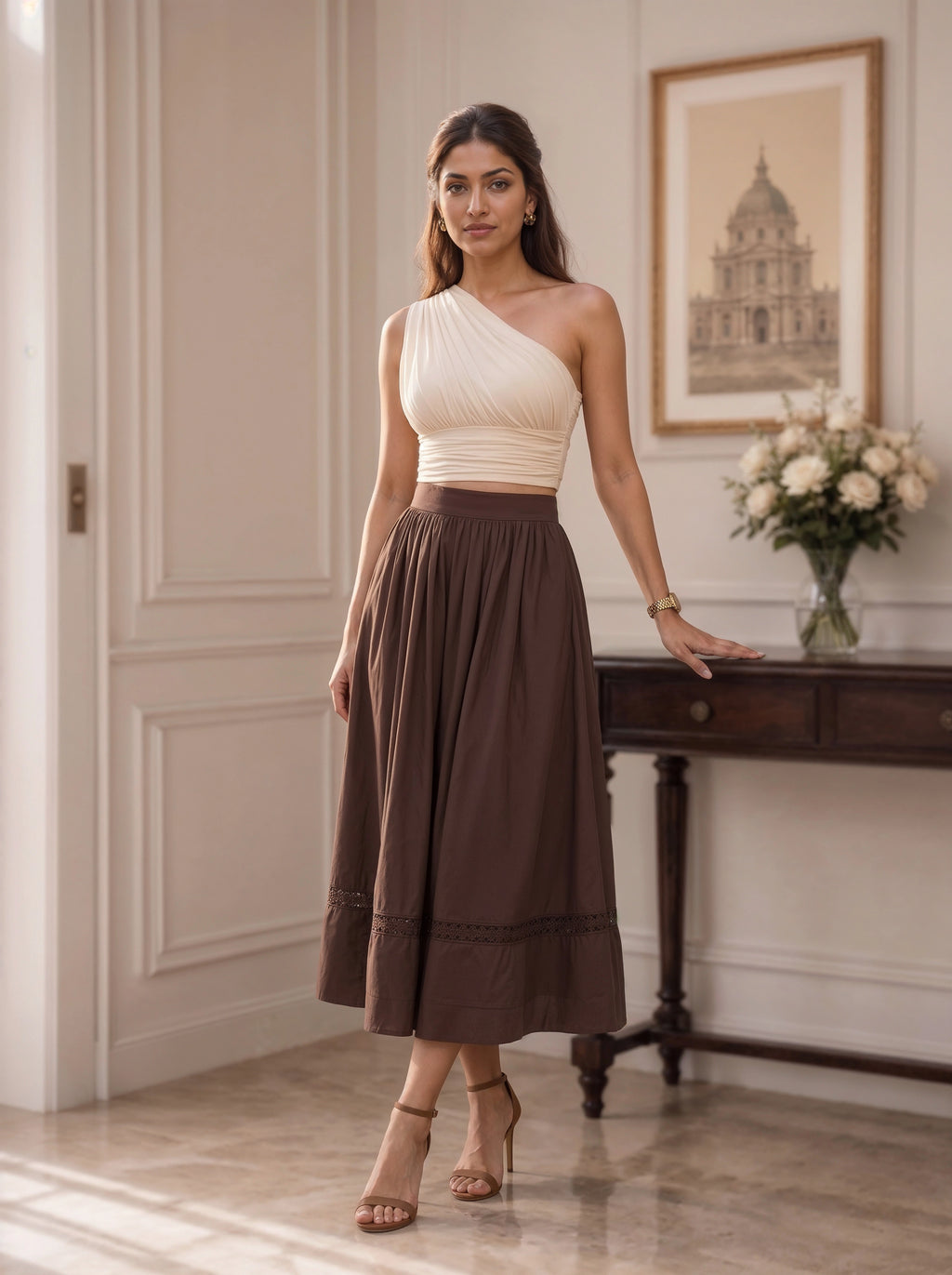 Brown Gathered A-Line Midi Skirt