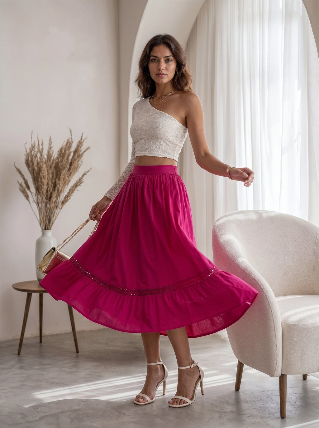 Pink Gathered A-Line Midi Skirt