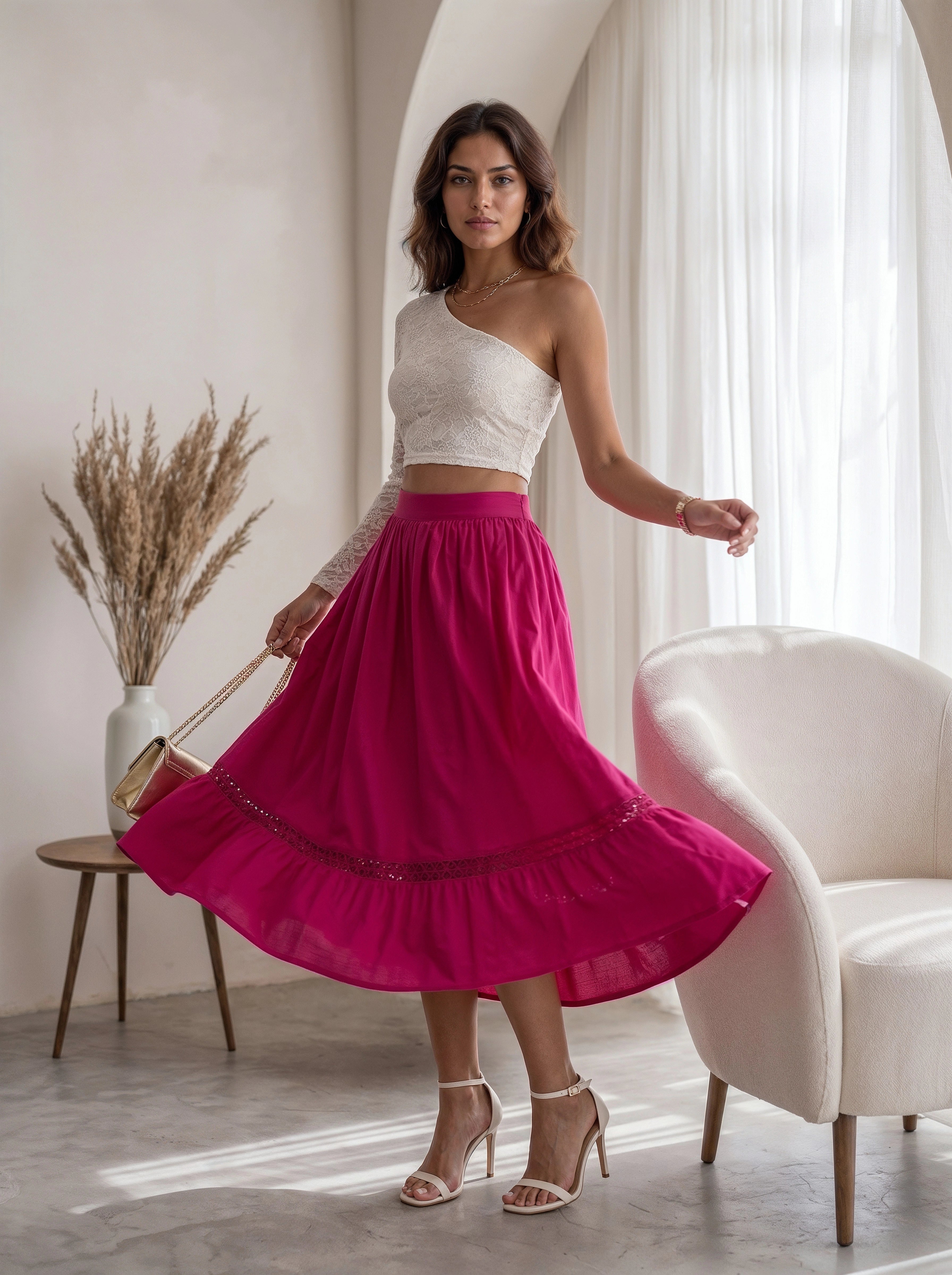 Pink Gathered A-Line Midi Skirt