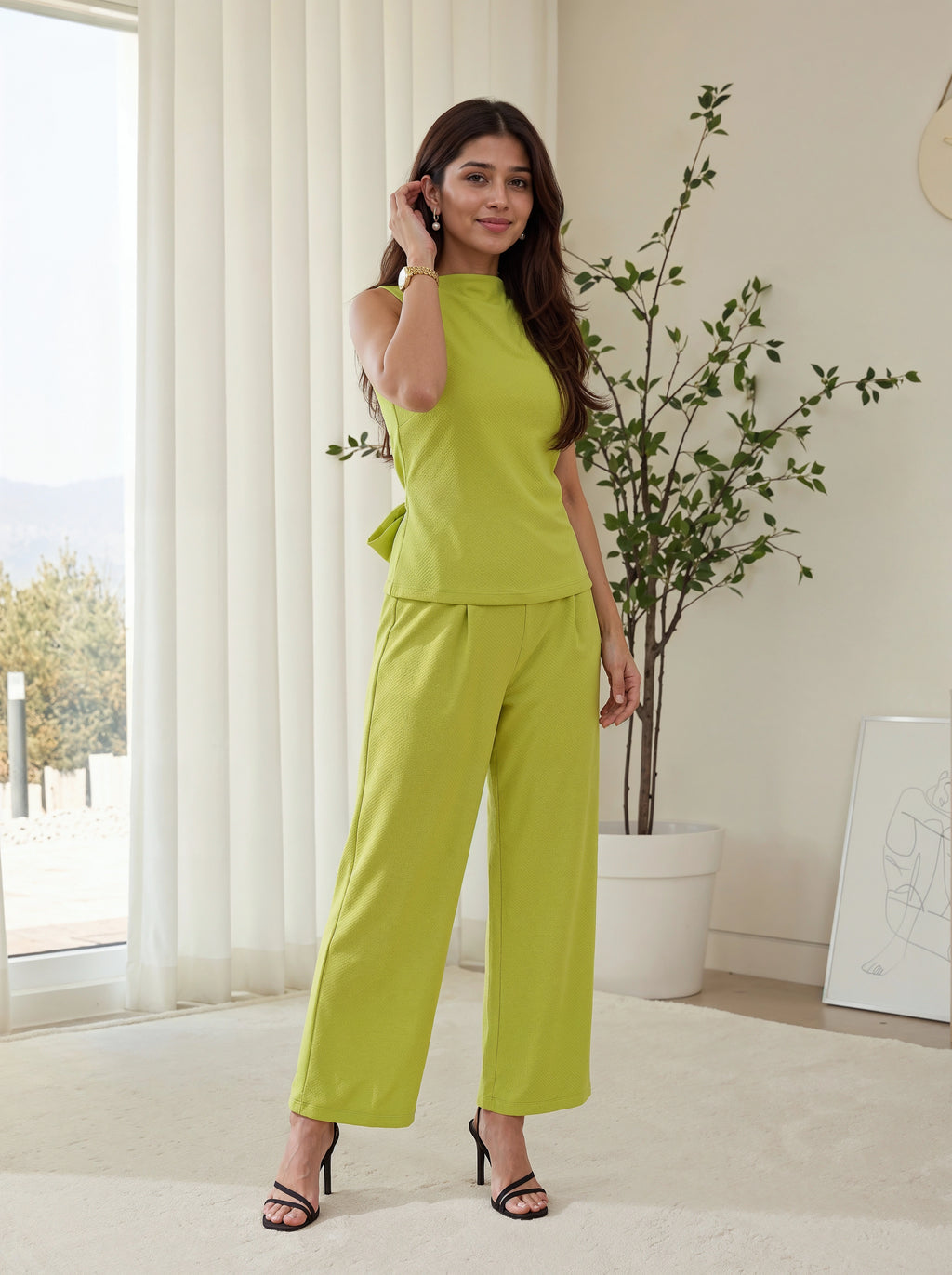Lime Green Sleeveless Bow Back Co-Ord Set