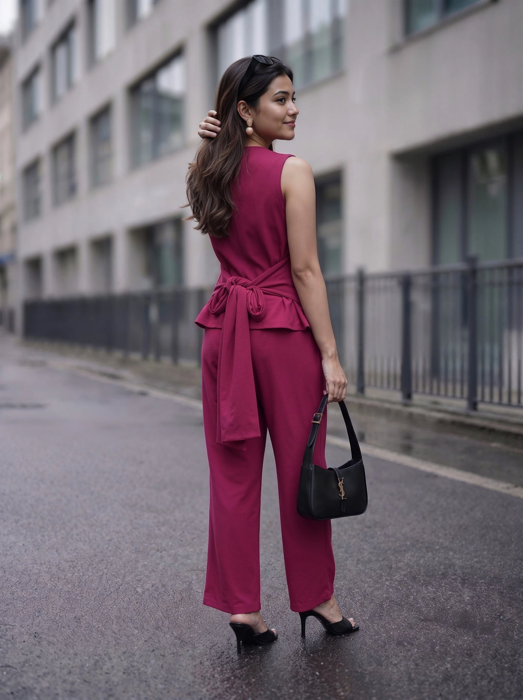Wine Sleeveless Bow Back Co-Ord Set