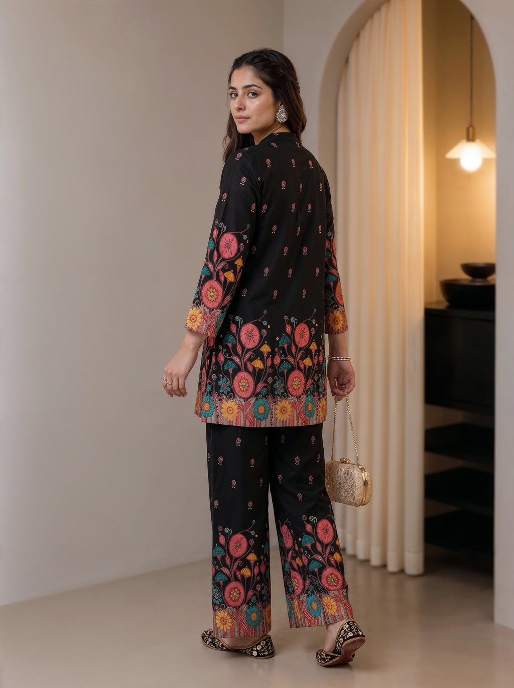 Black Floral Printed Kurta Co-Ord Set