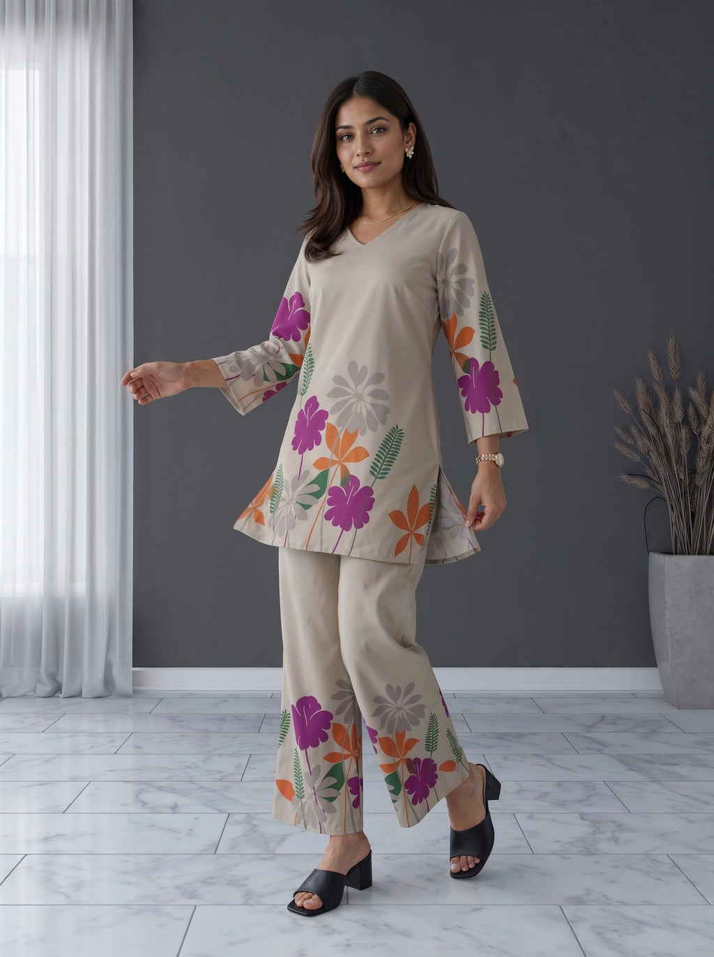 Beige Floral Printed Co-Ord Set