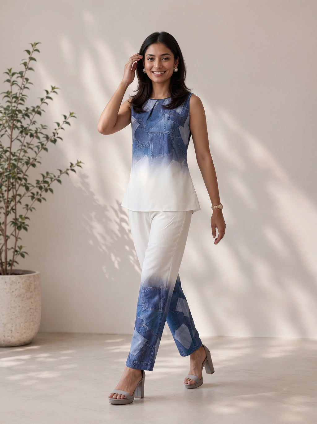 Blue Patchwork Print Sleeveless Co-Ord Set
