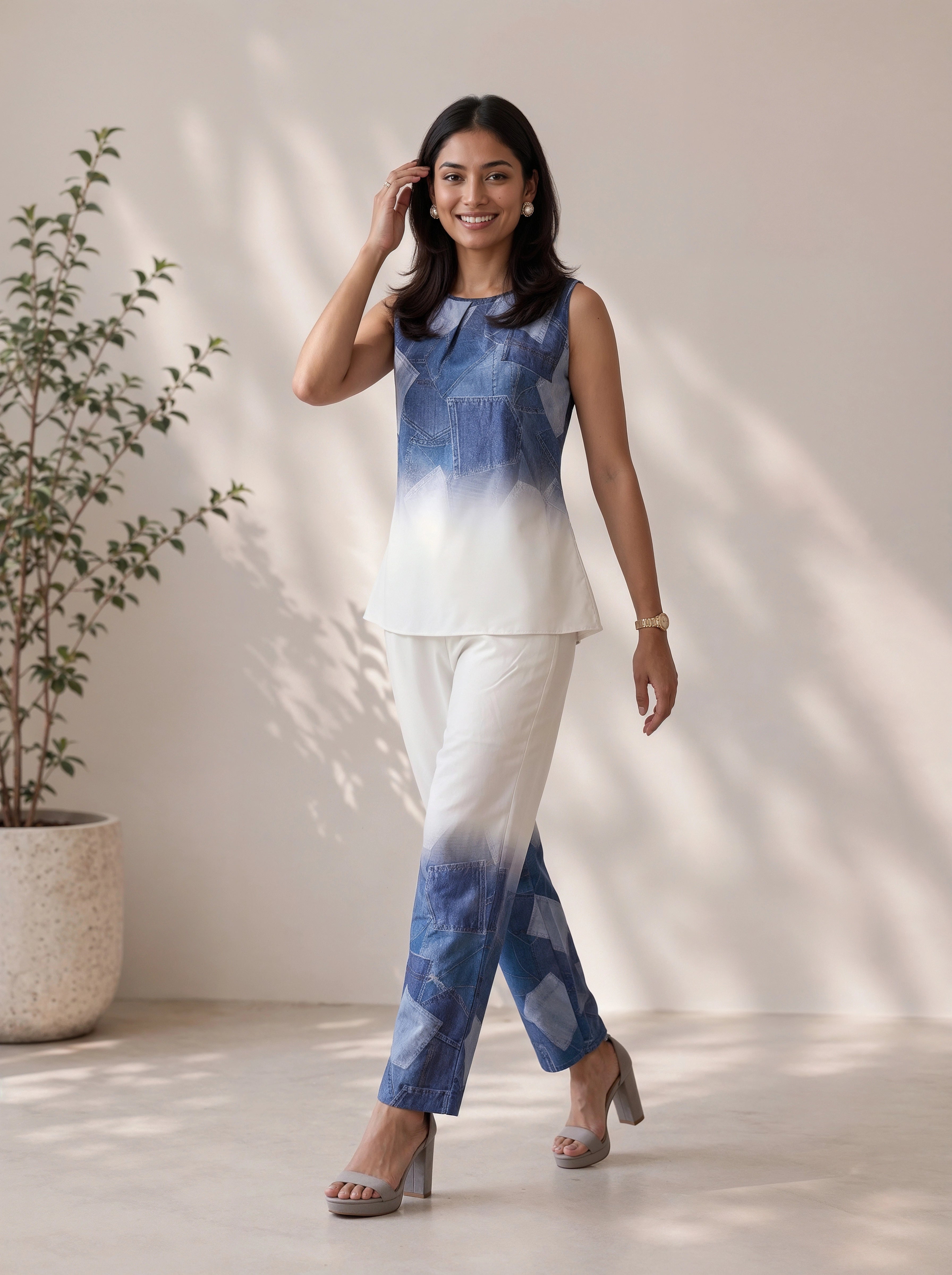 Blue Patchwork Print Sleeveless Co-Ord Set