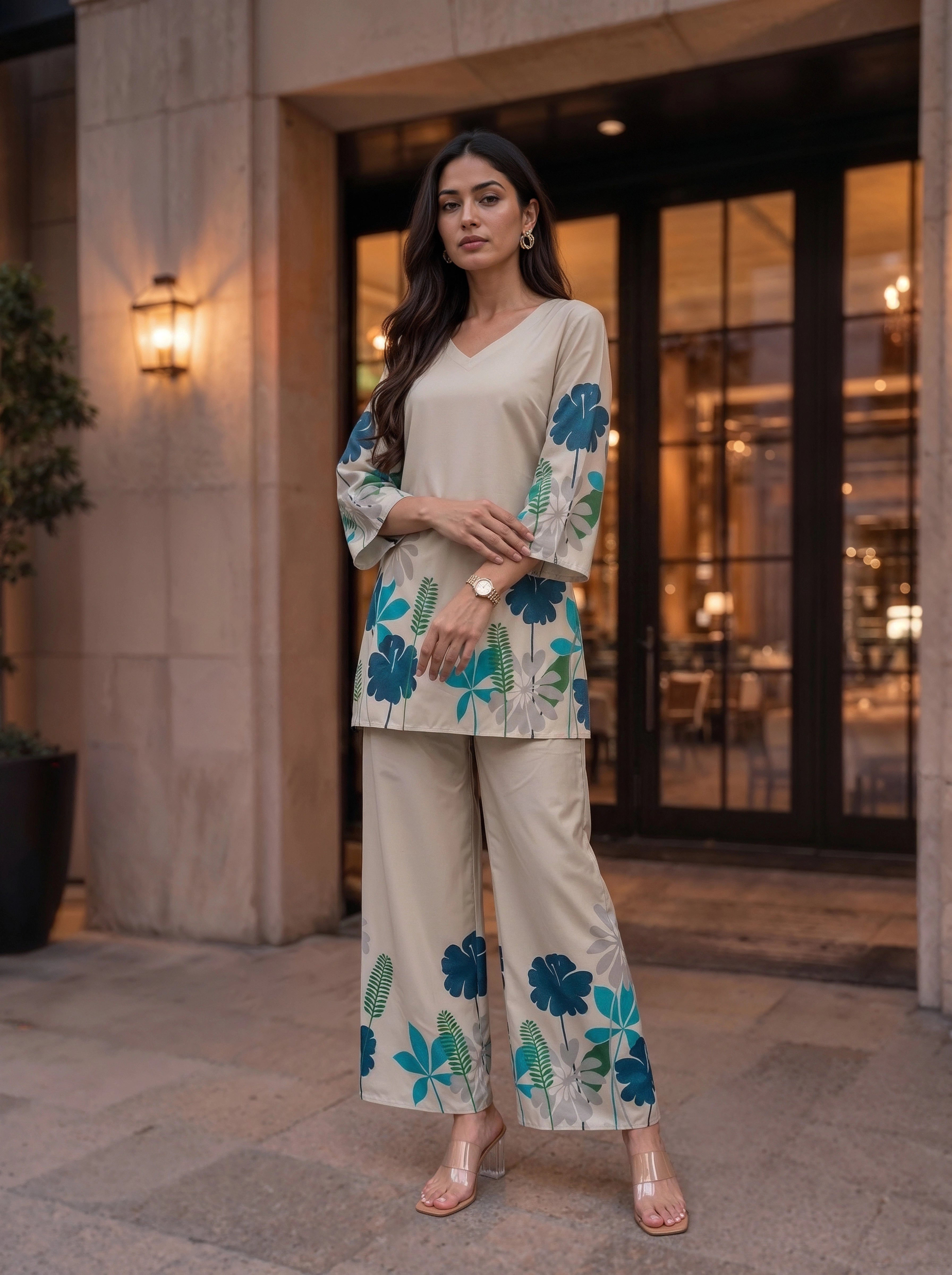 Beige Blue Floral Printed Co-Ord Set