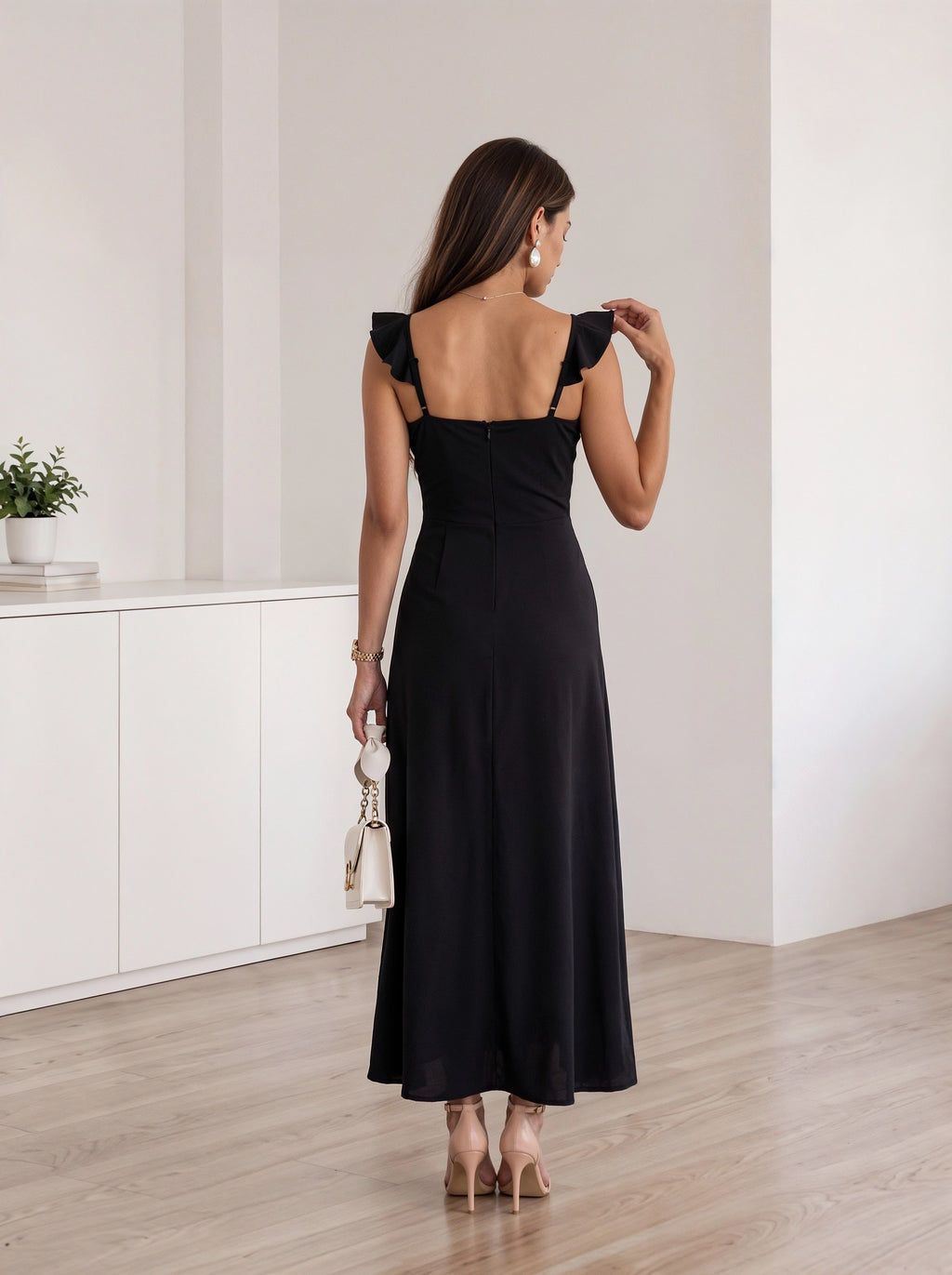 Black Ruched Cut-Out Slit Maxi Dress