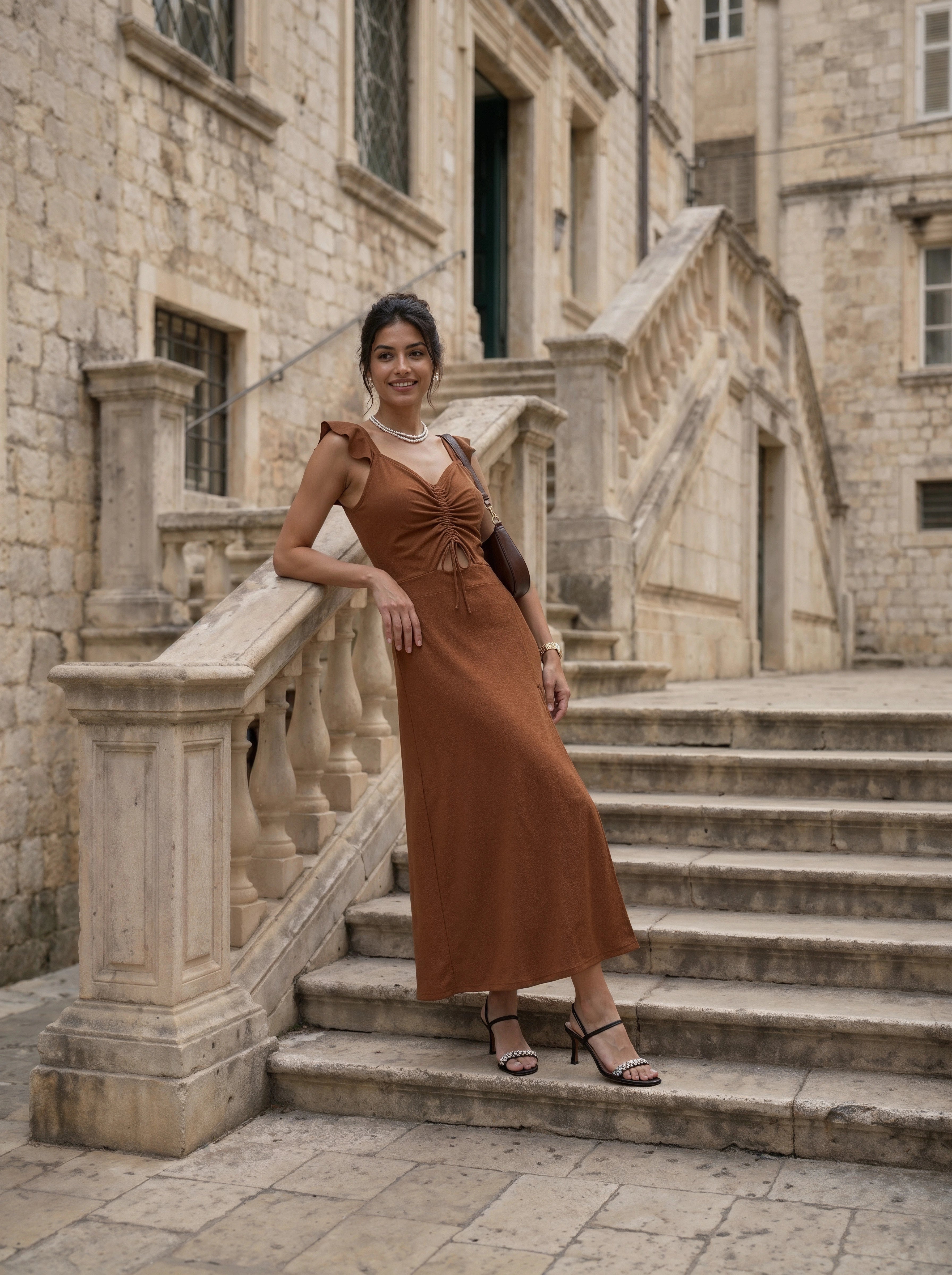 Mocha Ruched Cut-Out Slit Midi Dress