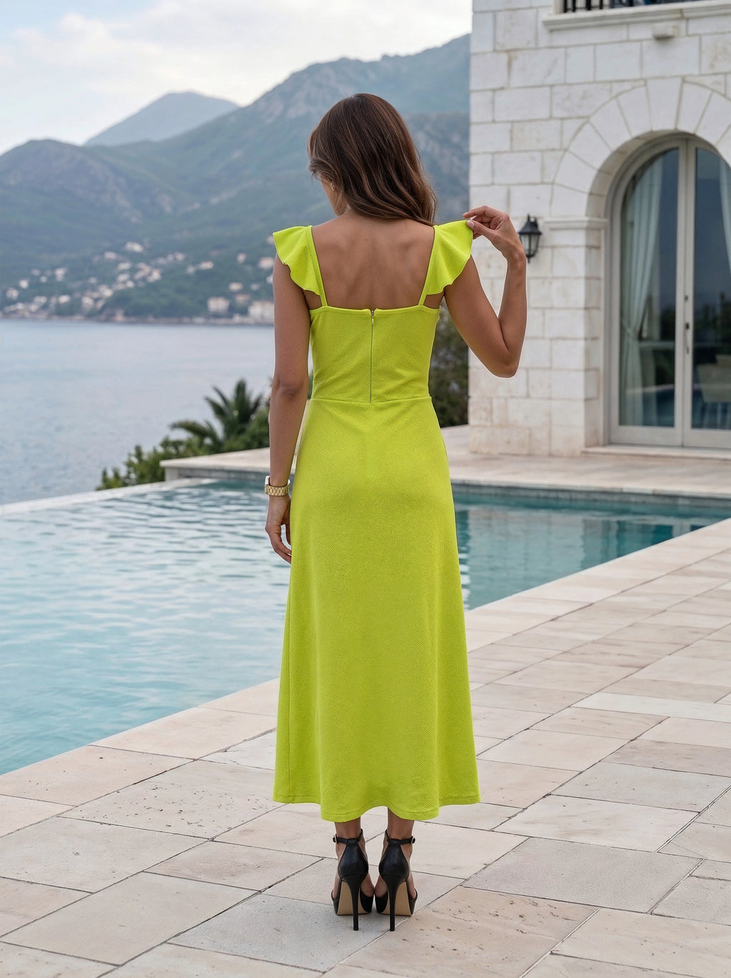 Lime Green Ruched Cut-Out Slit Maxi Dress