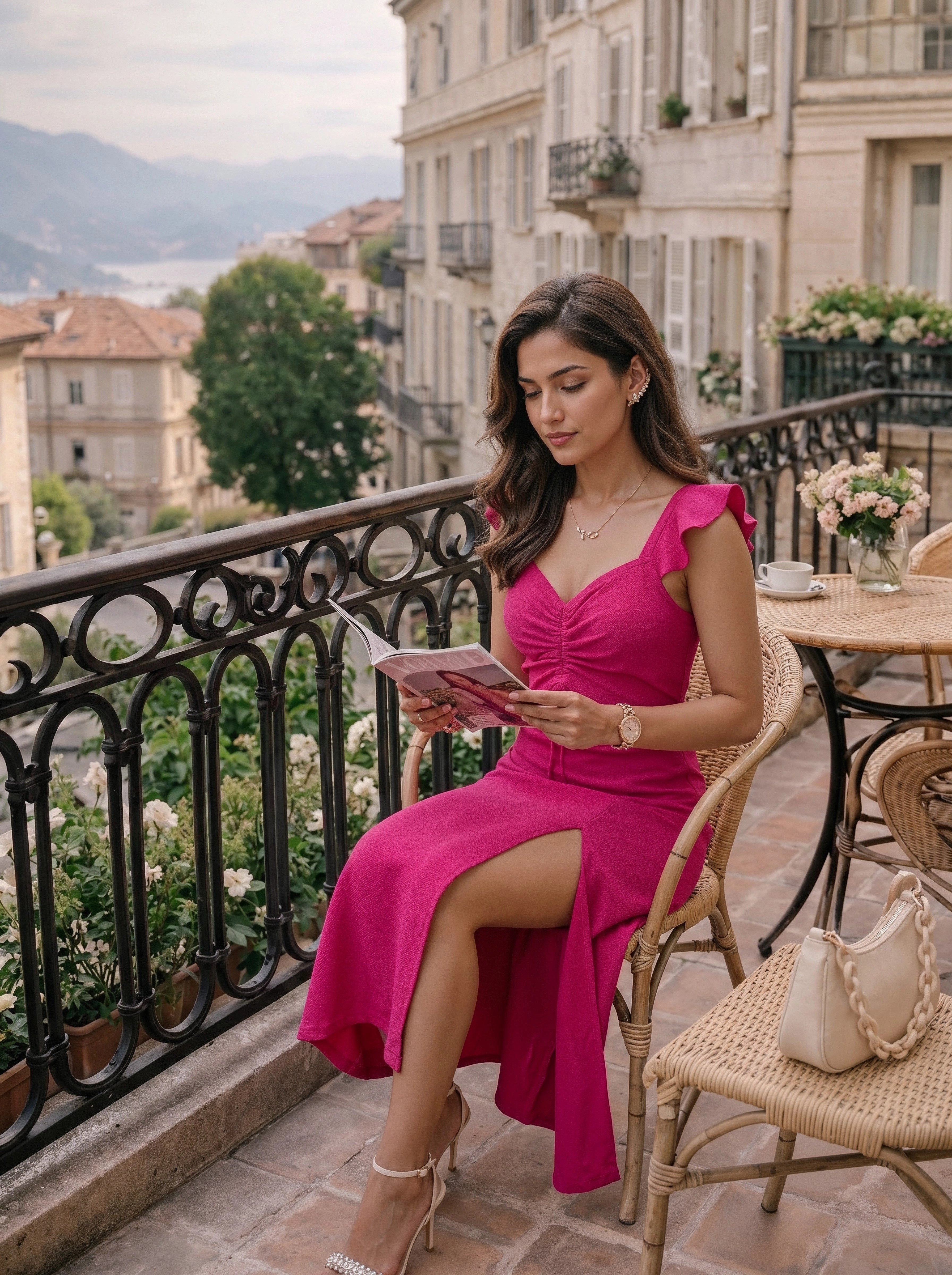Fuchsia Ruched Cut-Out Slit Maxi Dress