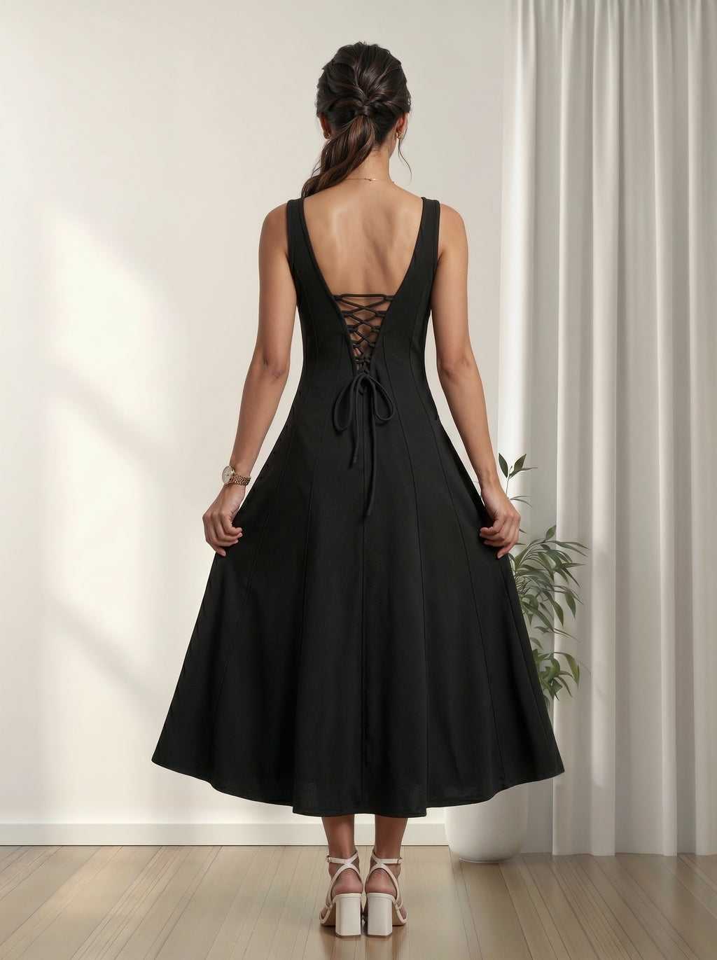 Black Lace-Up Back Fit & Flare Midi Dress